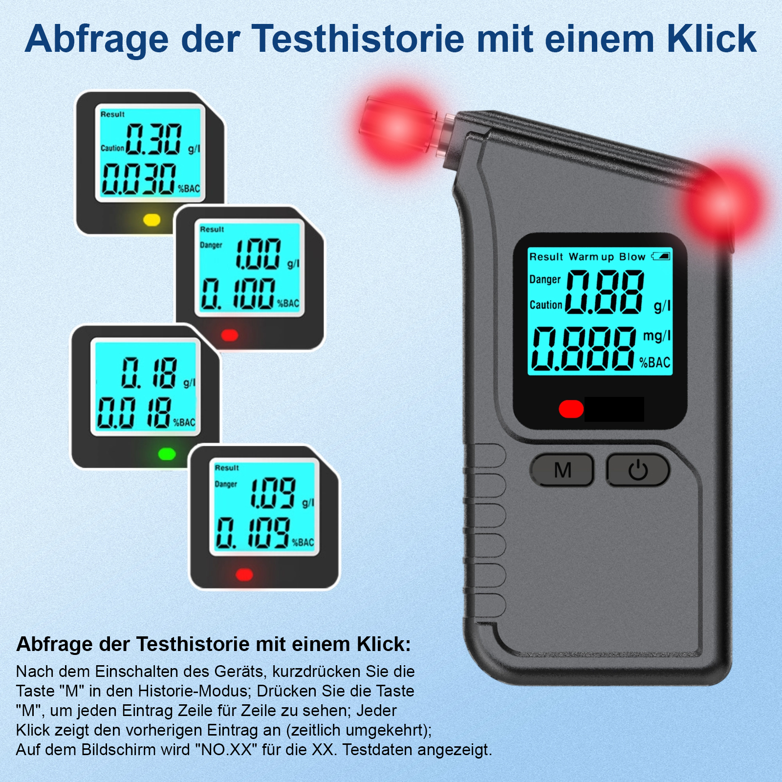 Digitales Alkoholtestgerät mit Historie und Anzeigen von 0.30, 1.00, 0.18, 1.09 g/l.