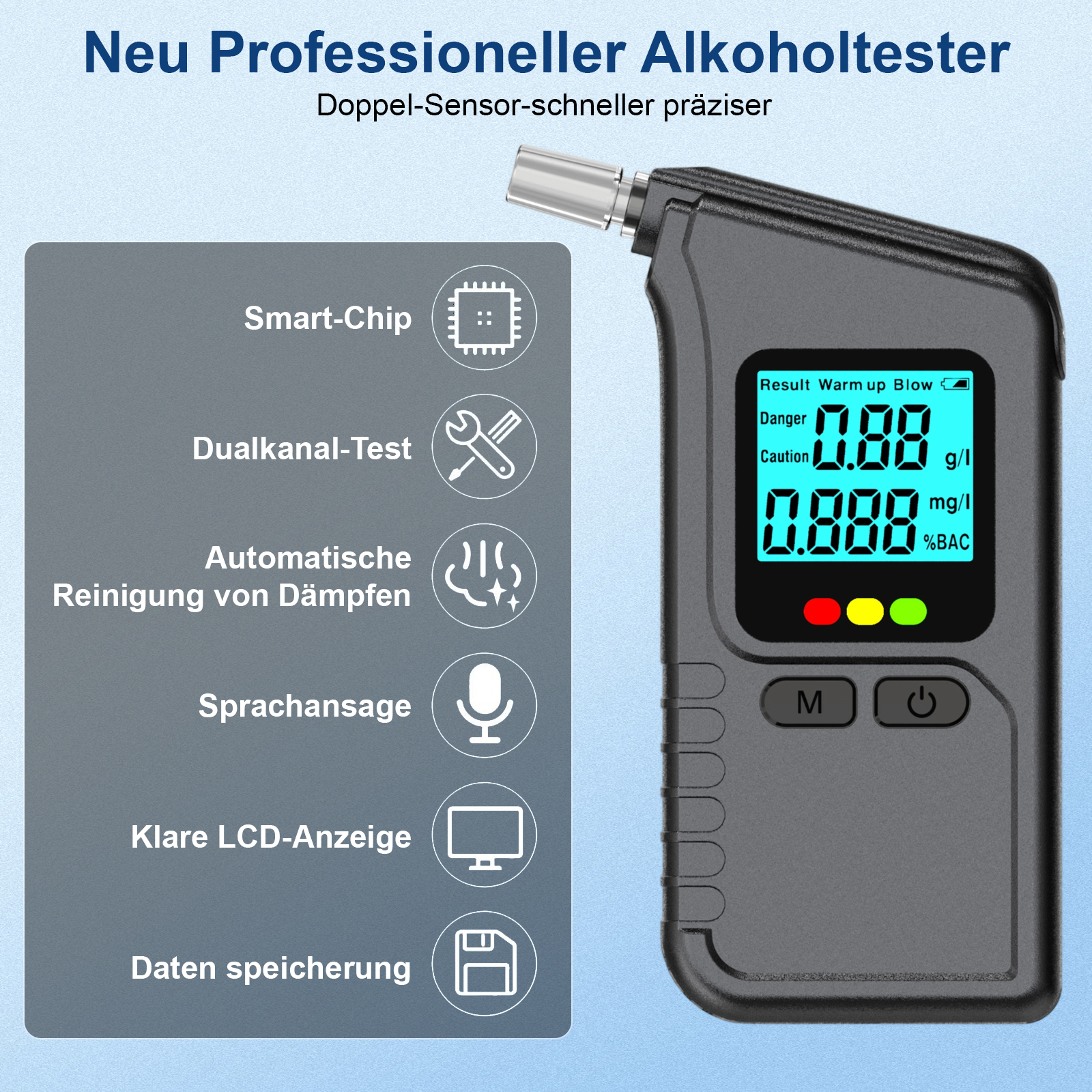 Ein digitaler Alkoholtester mit LCD-Anzeige und Symbolen für Funktionen.