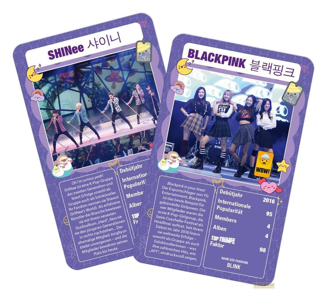 Les cartes présentent les groupes K-Pop SHINee et BLACKPINK avec images et faits.
