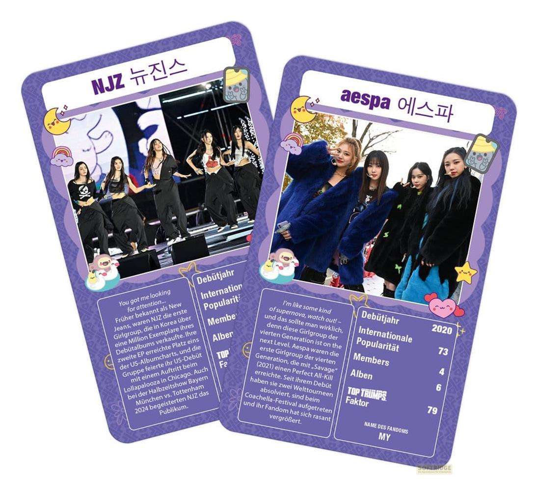 Groupes de K-pop NewJeans et Aespa sur cartes à collectionner, avec images et texte.