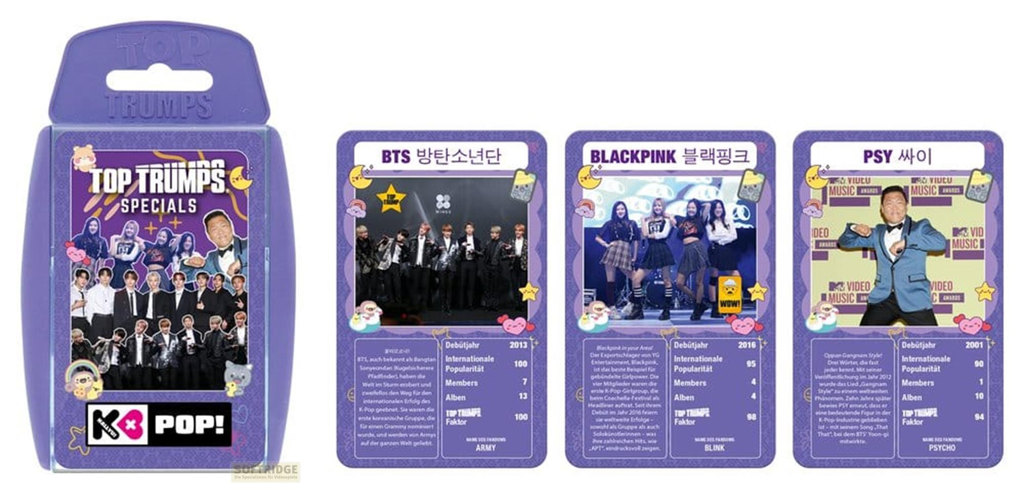 Cartes Top Trumps K-Pop : BTS, Blackpink, PSY. Avec photos, statistiques et logos.