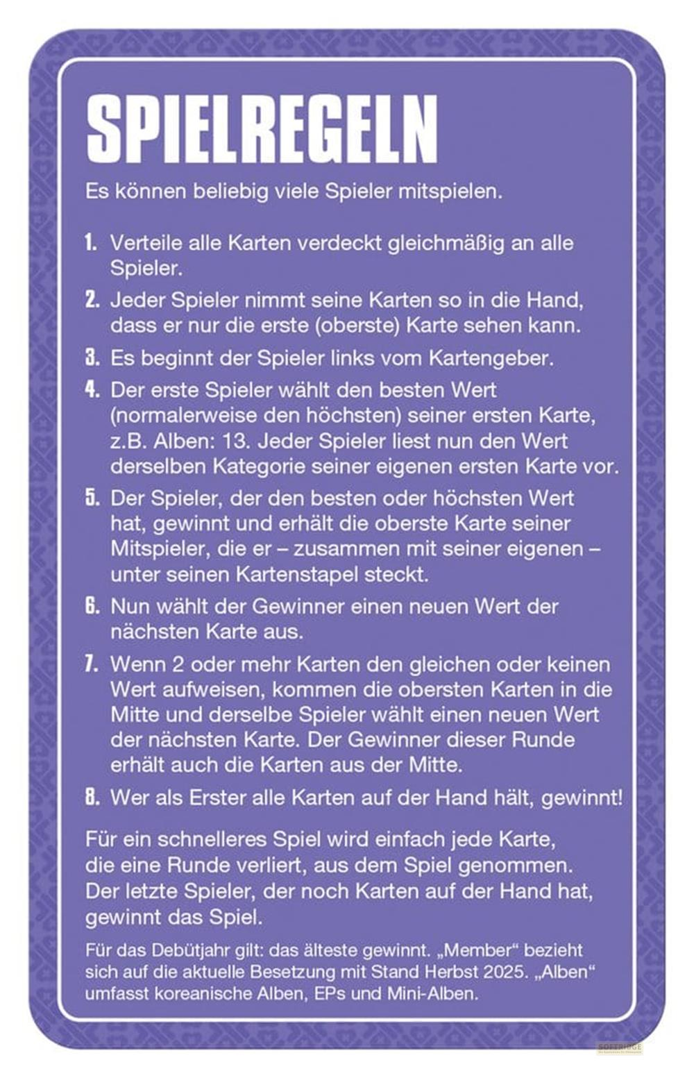 Règles du jeu avec instructions numérotées sur fond violet.