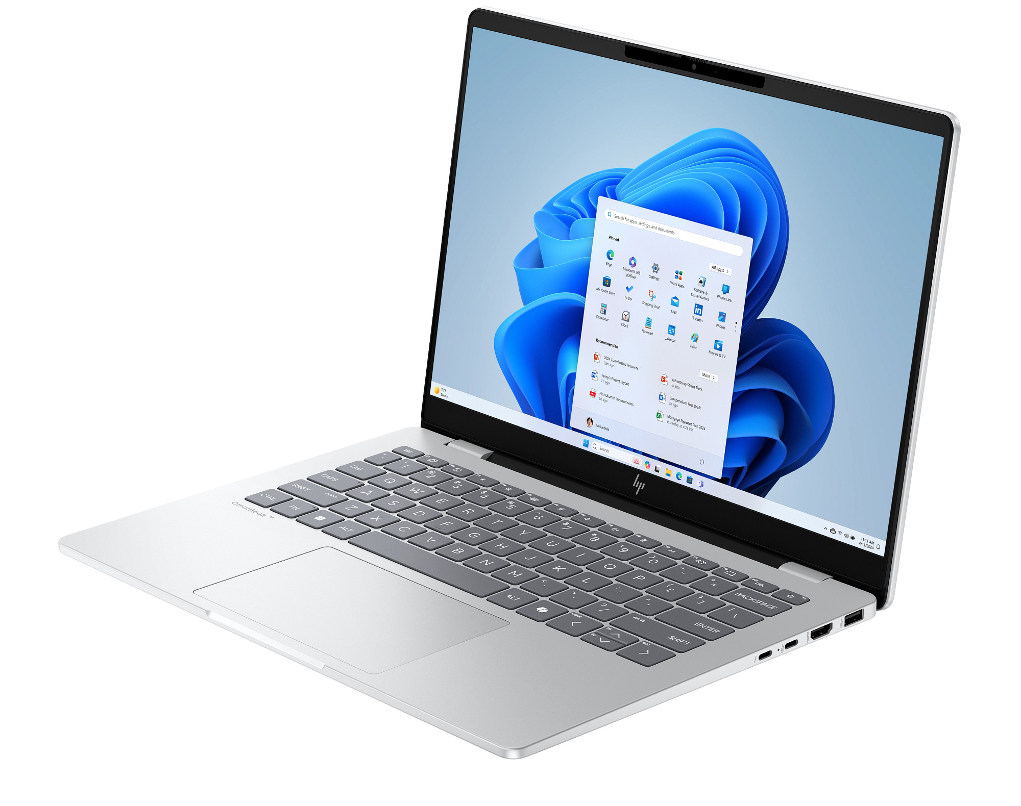 Ein silberner Laptop mit Windows 11, Tastatur und Touchpad.