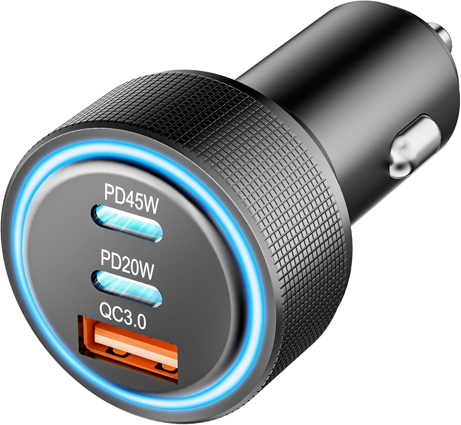 Schwarzer Auto-Ladegerät mit drei Anschlüssen: PD45W, PD20W und QC3.0.