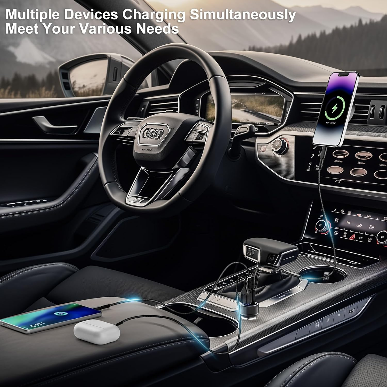 Ein Smartphone wird im Auto geladen, ebenso wie Kopfhörer und ein weiteres Telefon.