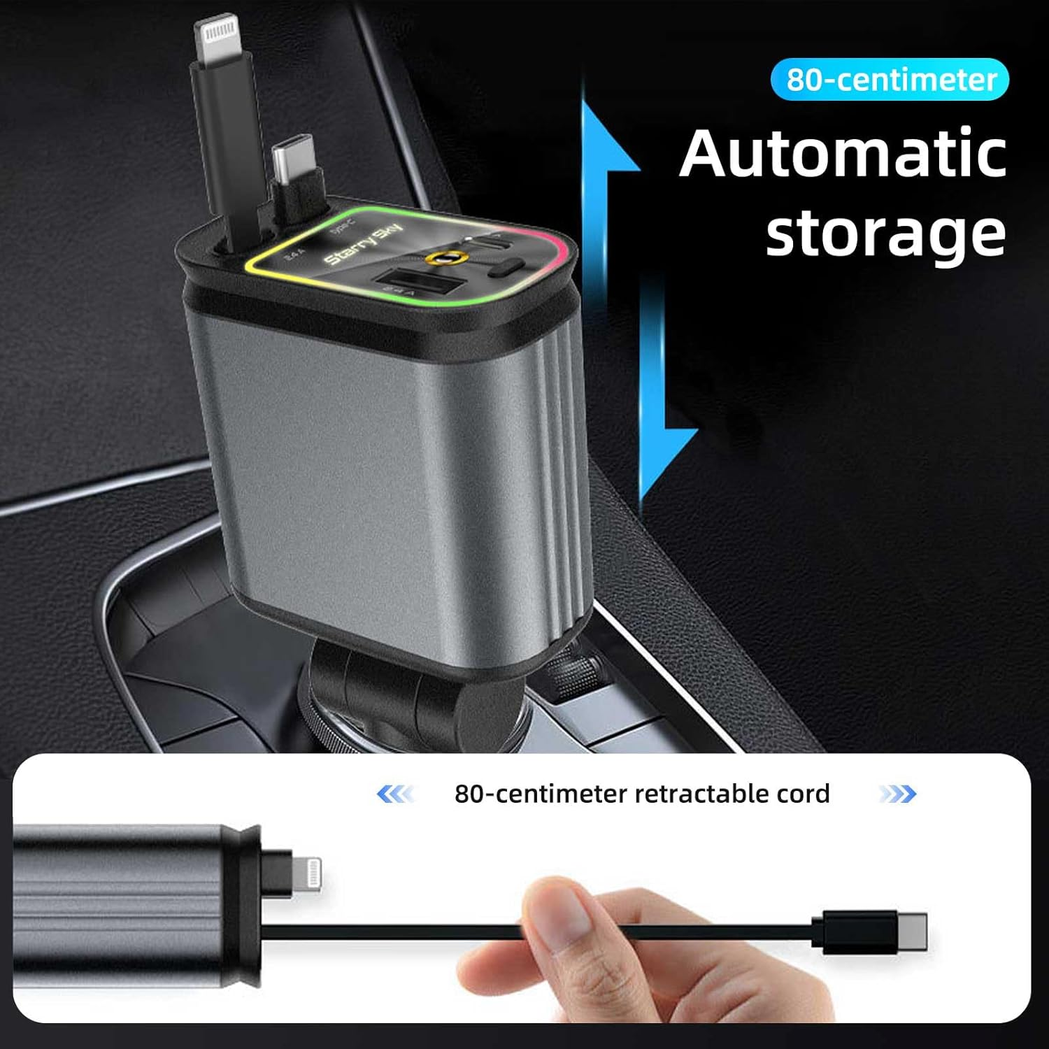 Grauer Ladeadapter mit USB-C und Lightning-Kabeln, 80cm ausziehbar.