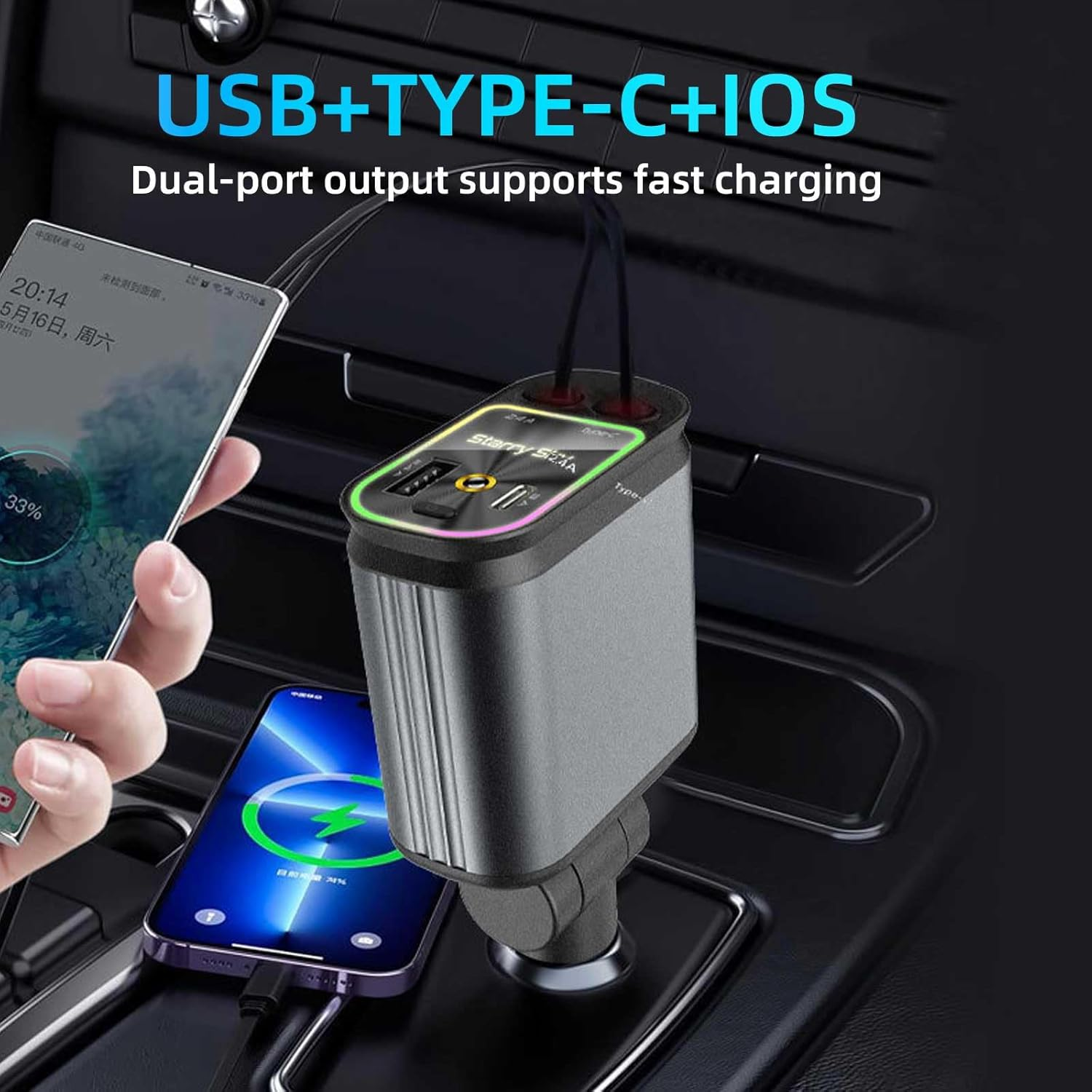 Ein grauer Dual-Port-Autoladegerät mit USB und USB-C lädt zwei Telefone in einem Auto.