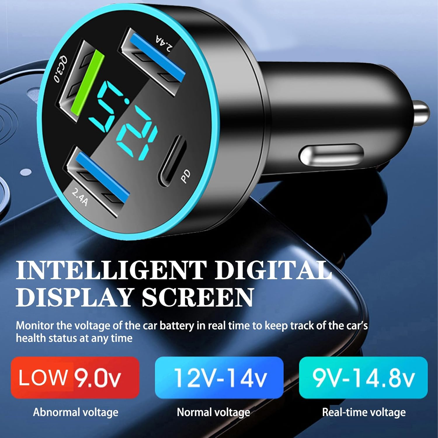 Schwarzer Autoladegerät mit 4 USB-Anschlüssen und digitaler Anzeige von 15:20.