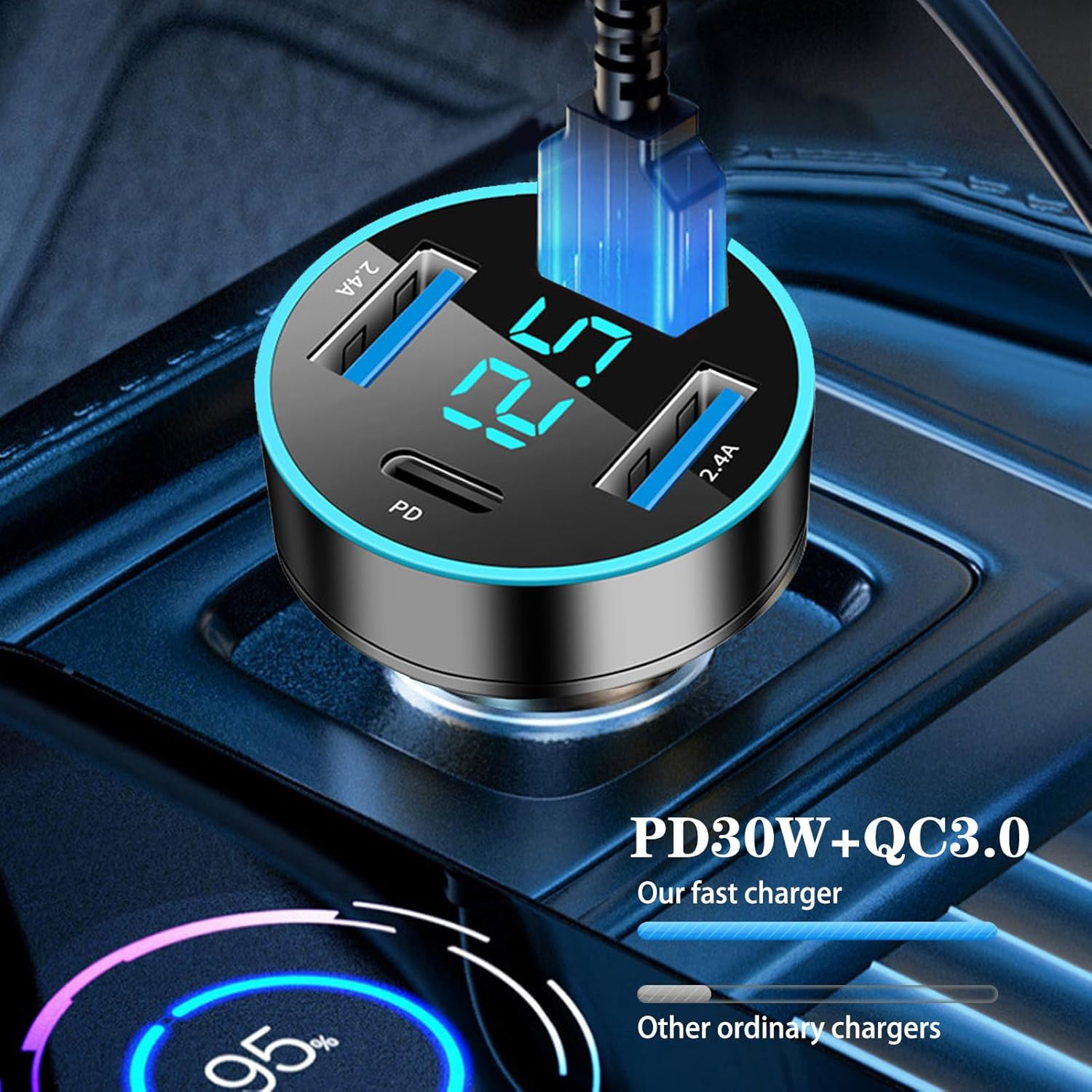 Ein schwarzer Auto-Ladegerät mit blauem Licht, zeigt 12.5V, PD/QC3.0.