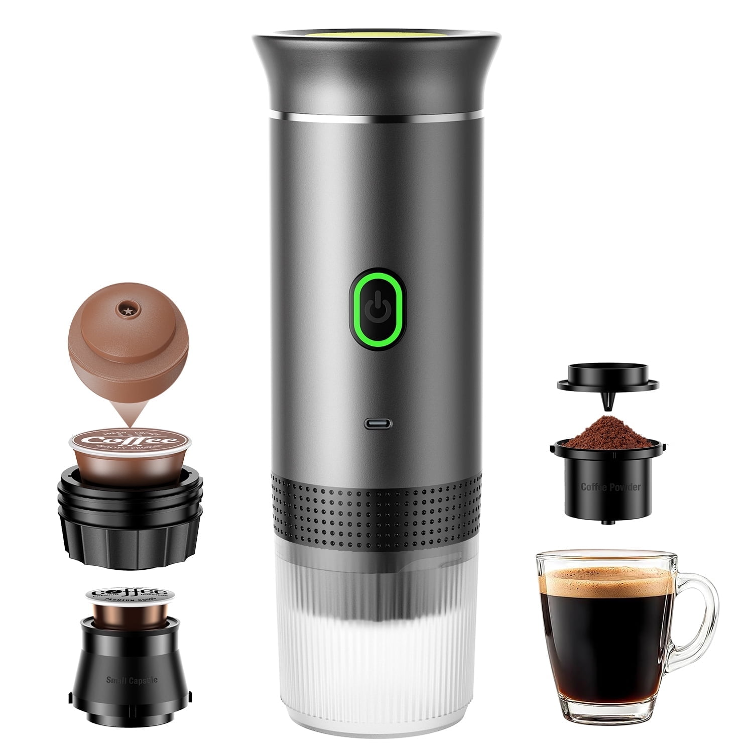 Ein tragbarer Kaffeezubereiter mit Kaffeepulverbehälter, Kapseln und einer Tasse Kaffee.