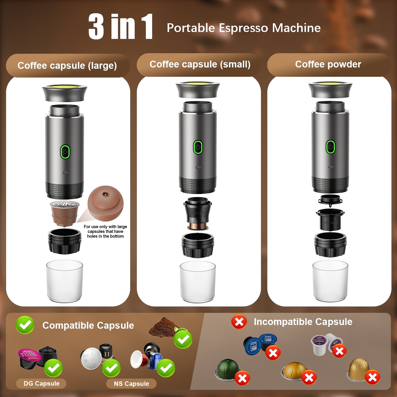 3-in-1 Espresso-Maschine: große/kleine Kapseln, Pulver. Kompatible und inkompatible Kapseln.