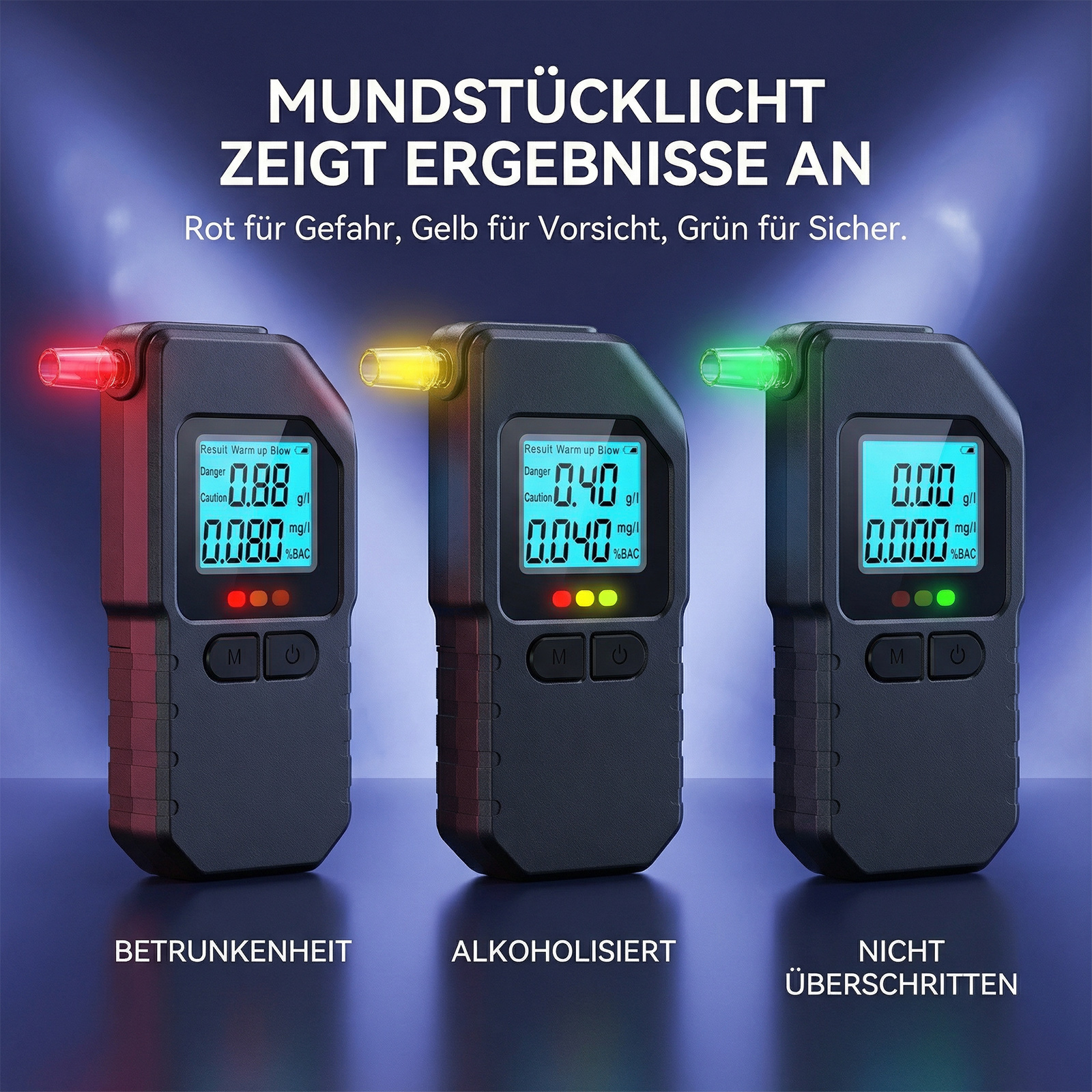 Drei digitale Alkoholtester mit roten, gelben und grünen Lichtern und unterschiedlichen Ergebnissen.