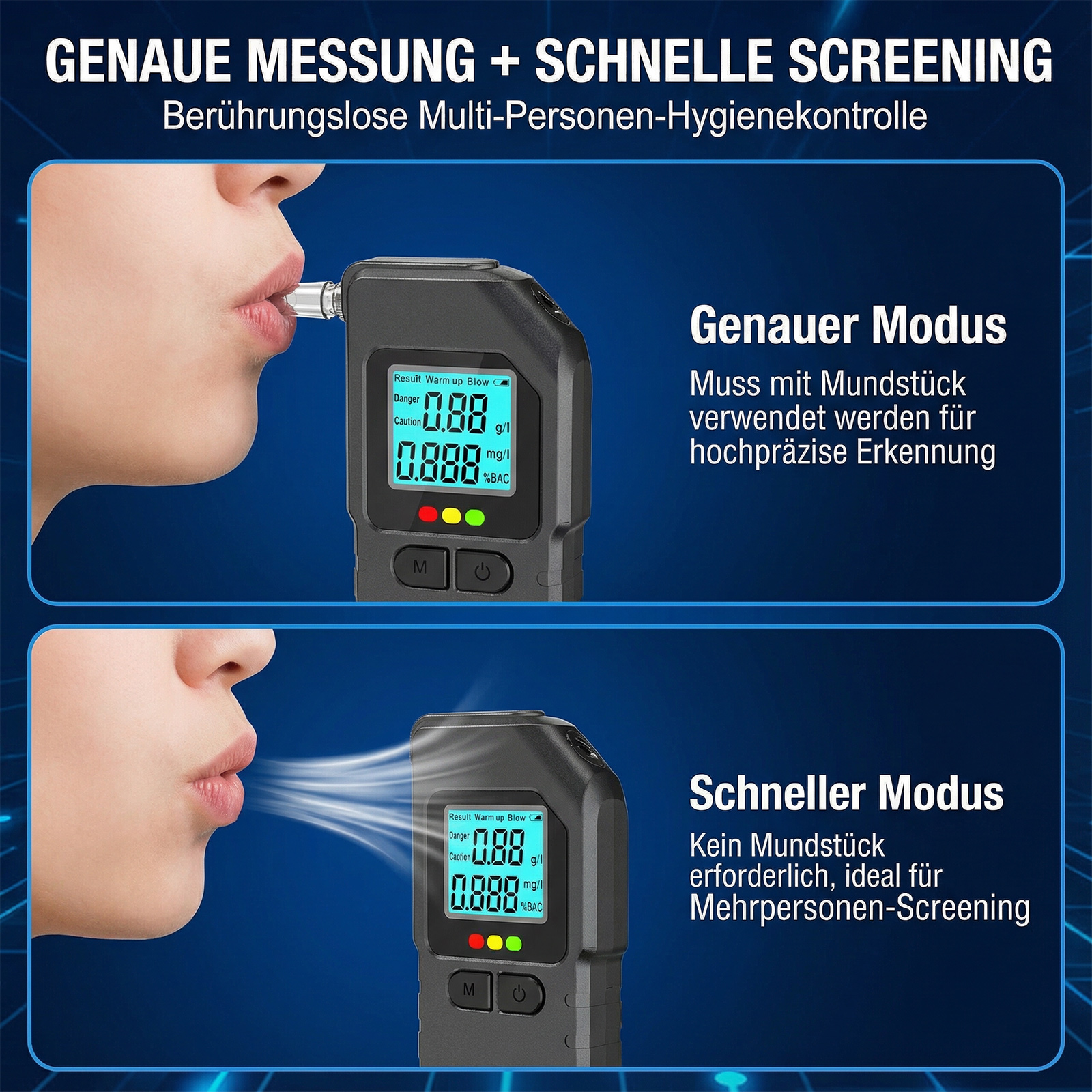 Person bläst in Alkoholtester mit Mundstück und ohne. Zwei Modi: Genau und Schnell.