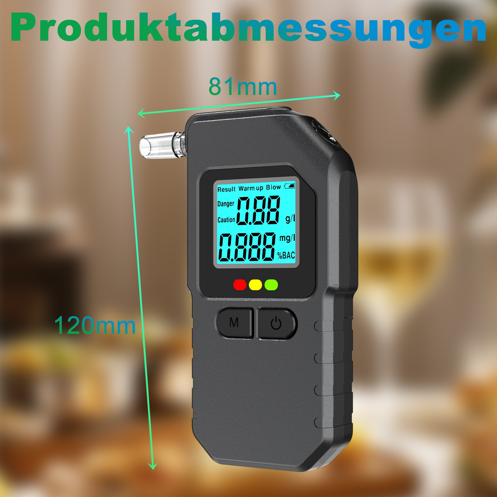 Ein schwarzer Alkoholtester mit Digitalanzeige, 81mm breit und 120mm hoch.