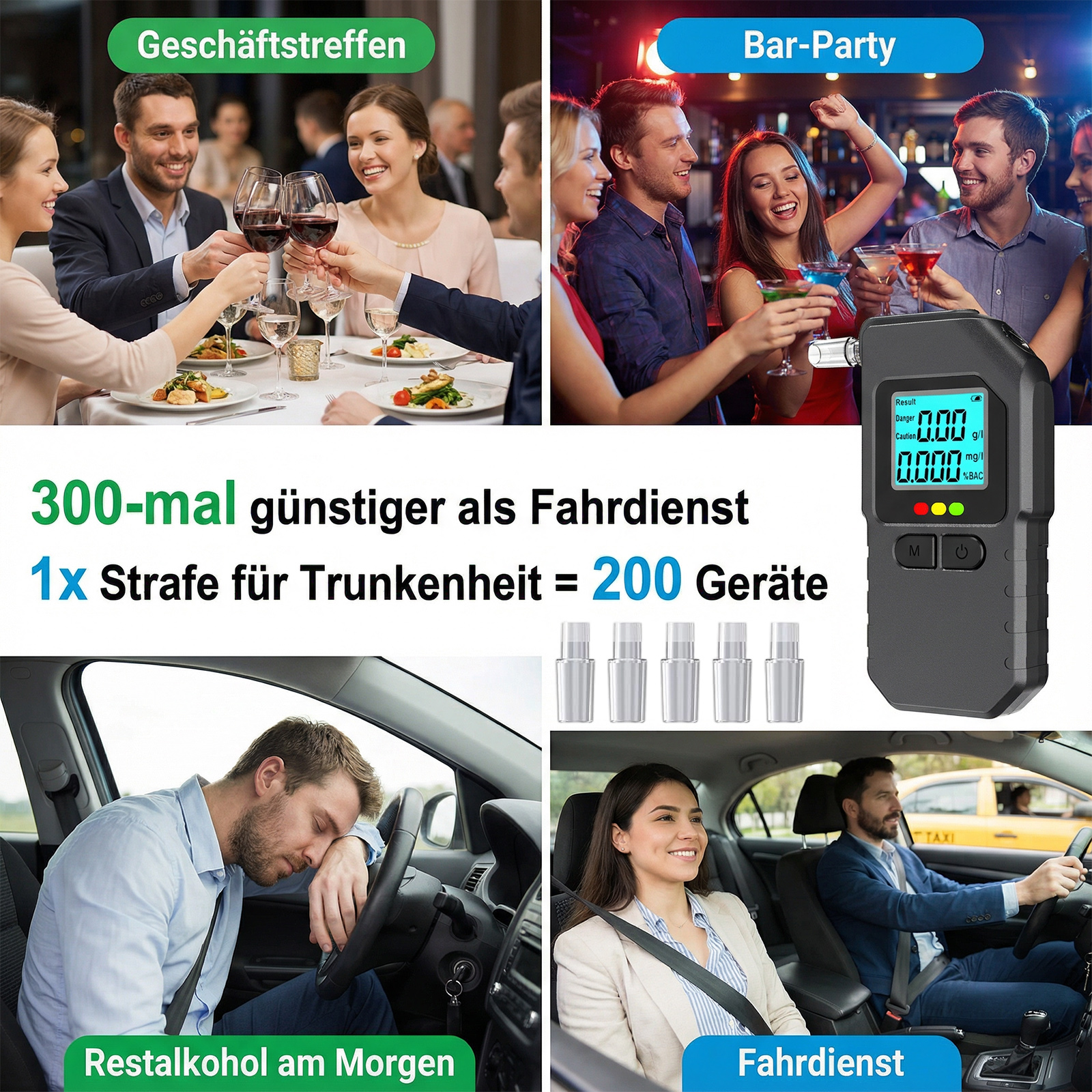 Geschäftstreffen und Bar-Party, Alkoholtester, schlafender Mann im Auto, Frau mit Fahrer.