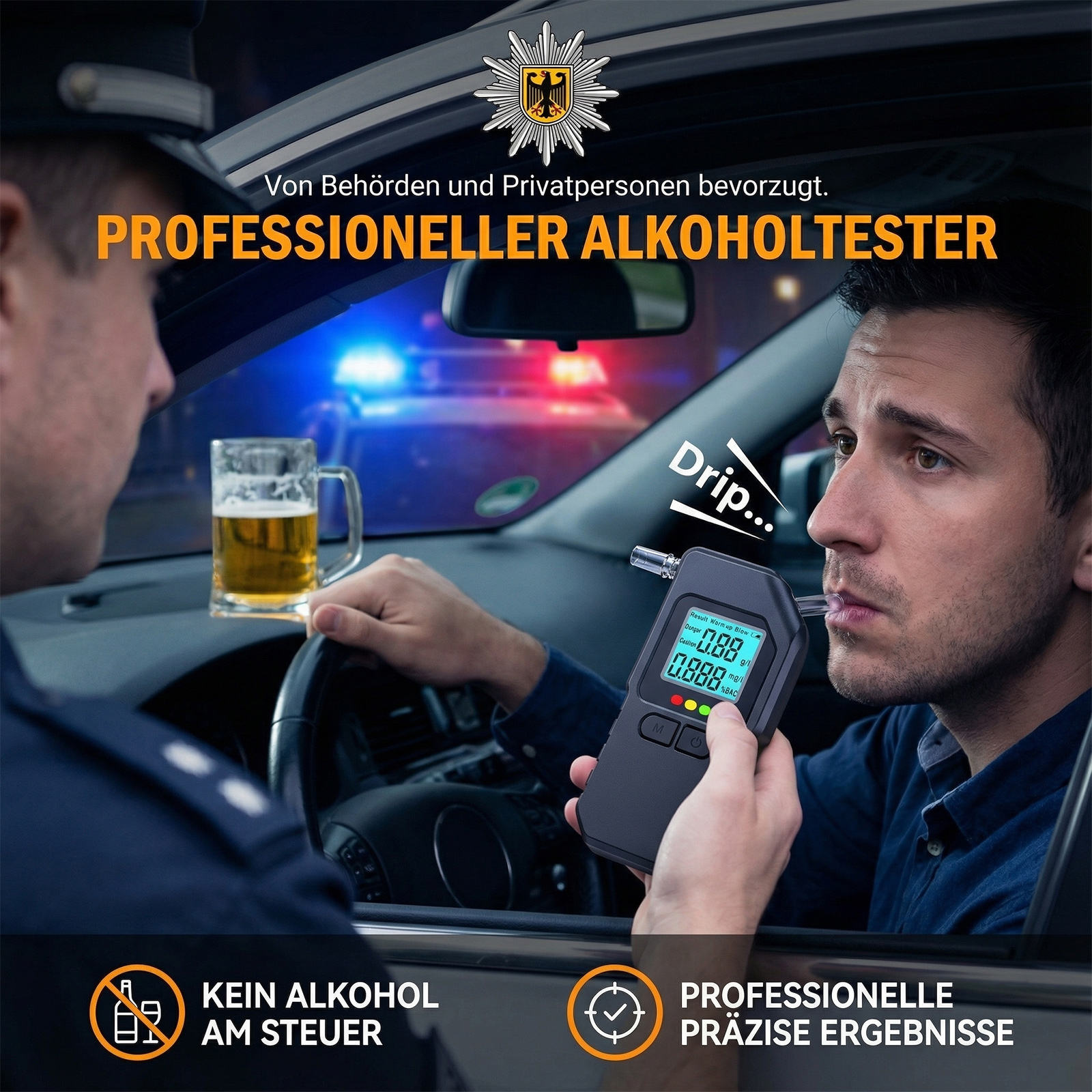 Ein Mann pustet in einen Alkoholtester, während ein Polizist daneben sitzt. Blaulicht im Hintergrund.