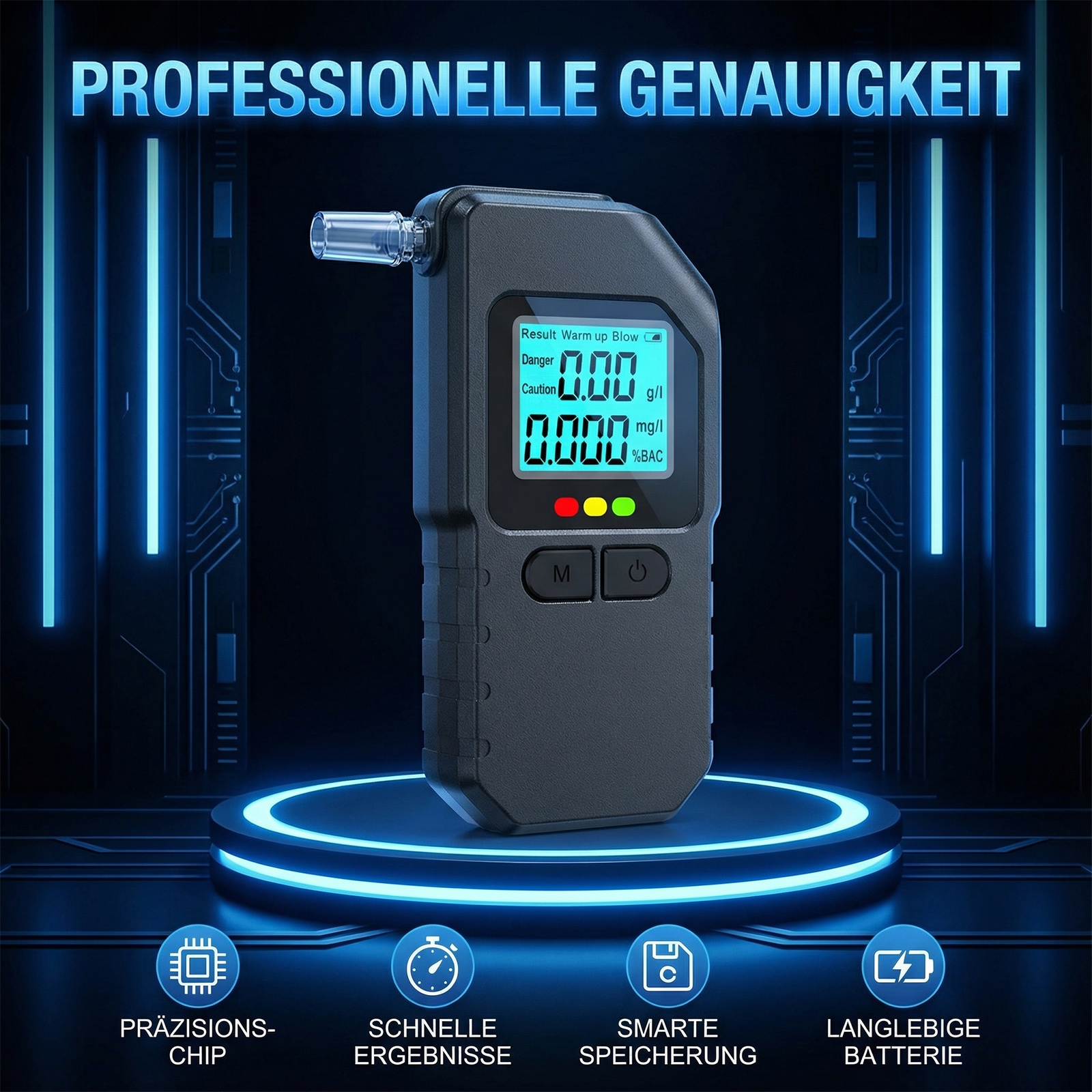 Ein Alkoholtester mit digitaler Anzeige und Symbolen für Präzision, Geschwindigkeit und Speicher.