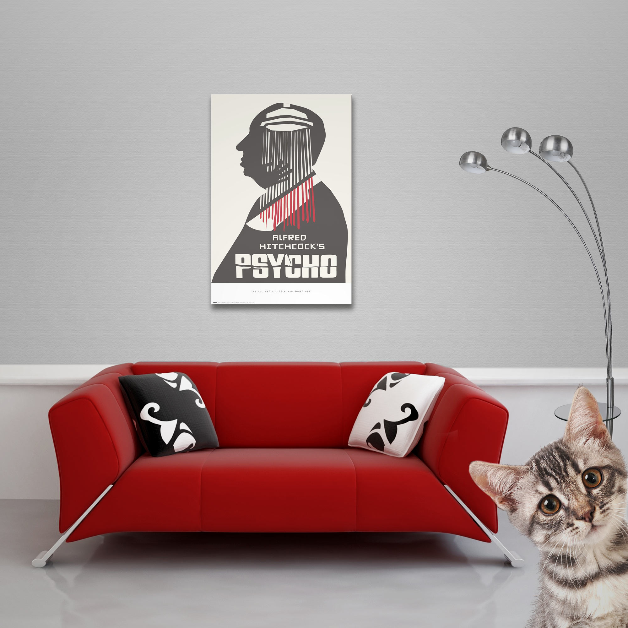 Rotes Sofa mit Kissen, Psycho-Poster und Katze im Vordergrund.