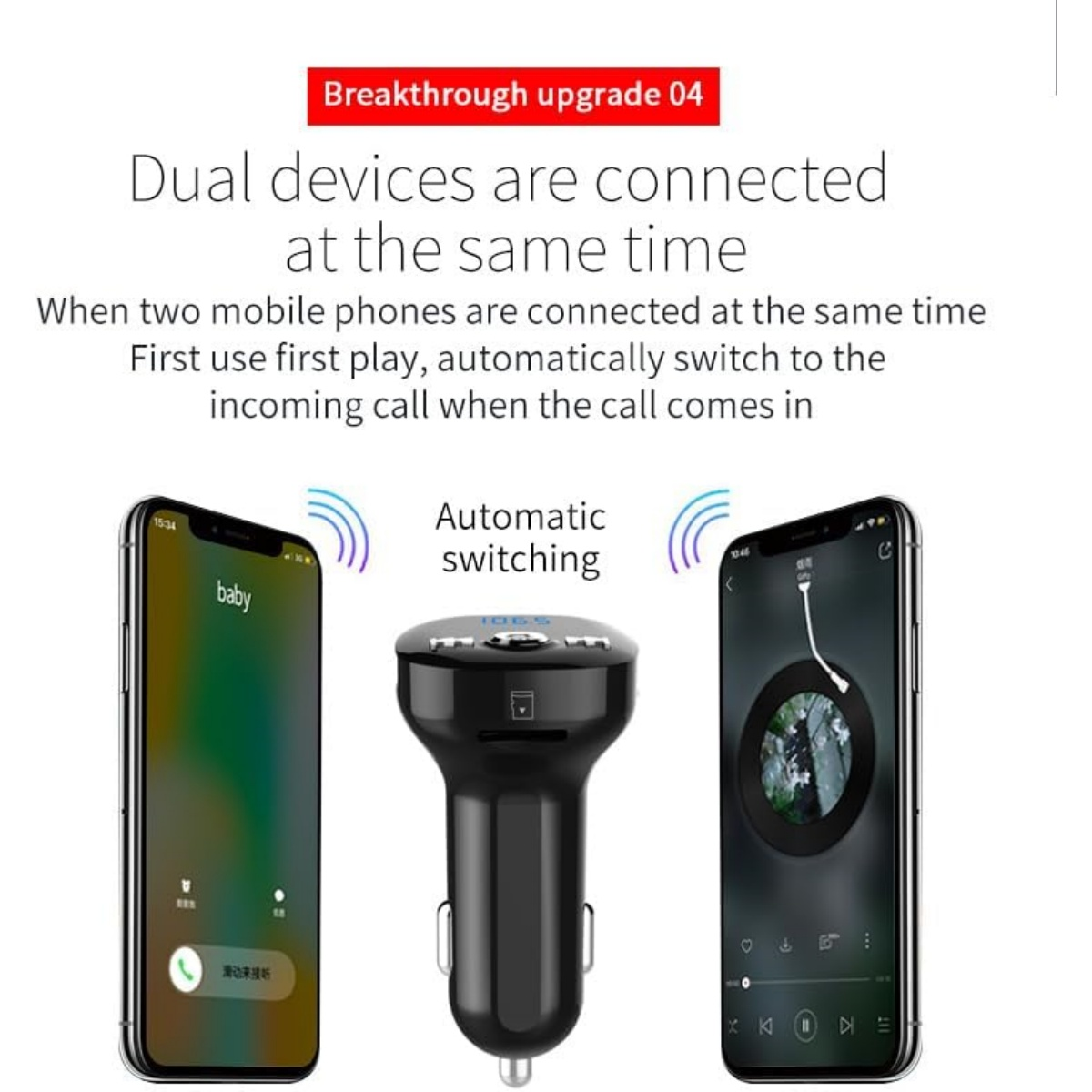 Zwei Telefone und ein schwarzes Autoladegerät sind verbunden.