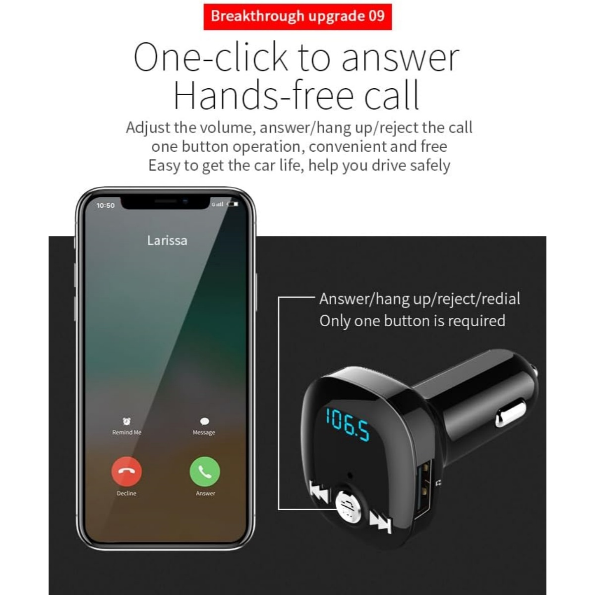 Ein Smartphone zeigt einen eingehenden Anruf mit Antwort- und Ablehnoptionen neben einem Kfz-Ladegerät.