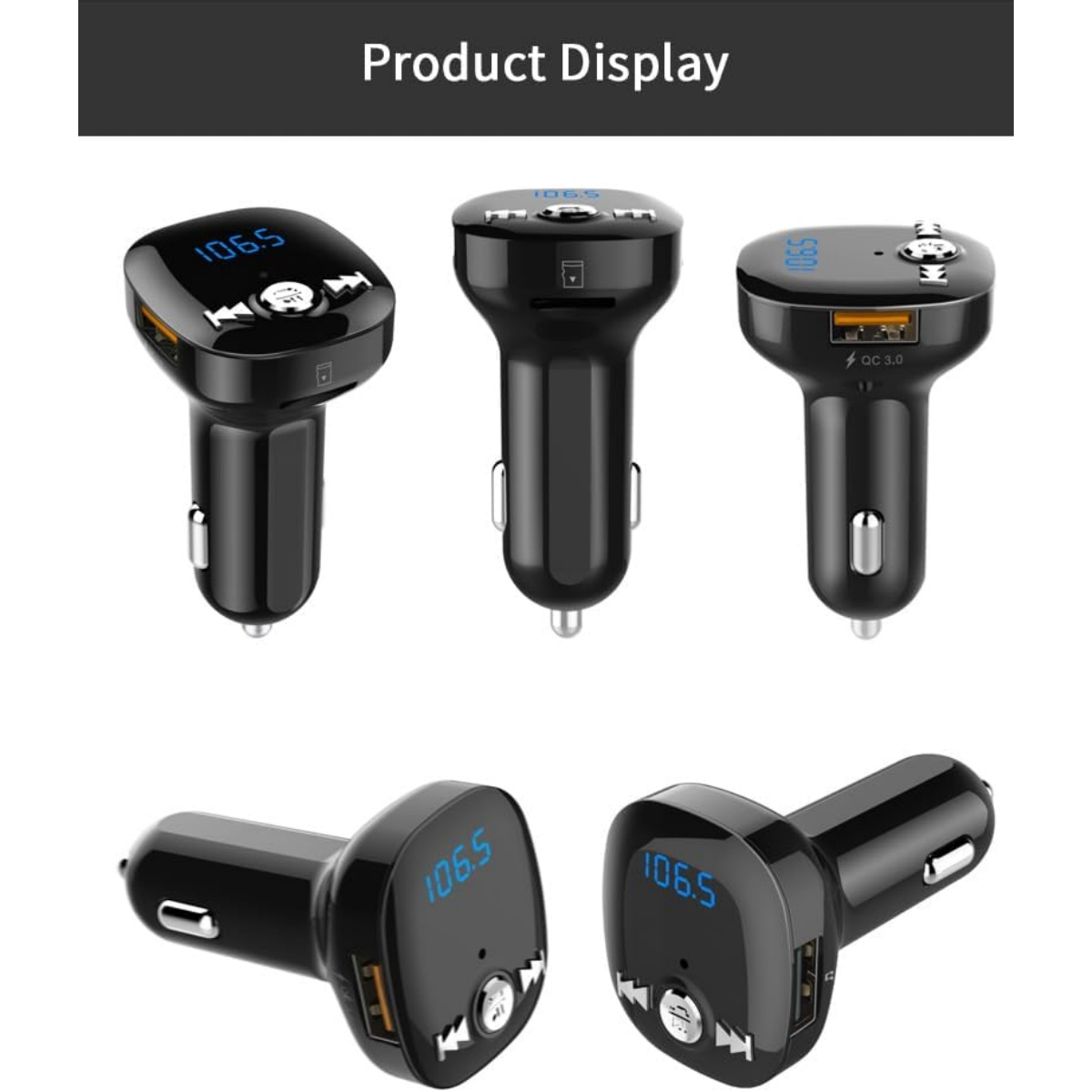 Produktbilder eines schwarzen Kfz-Ladegeräts mit Display und USB-Anschlüssen.