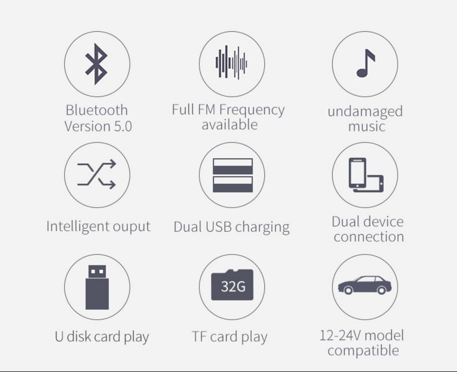 Icons: Bluetooth 5.0, FM, Musik, Zufall, Dual USB, Dual Geräte, USB-Stick, TF-Karte, Auto.