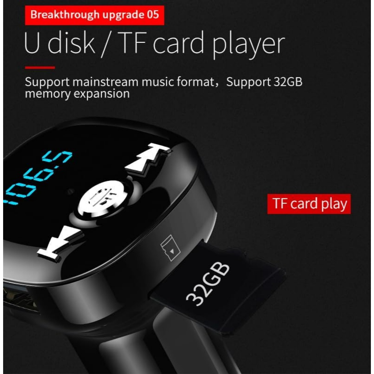 Ein schwarzer TF-Kartenplayer mit 32-GB-Karte, der 106,5 anzeigt.