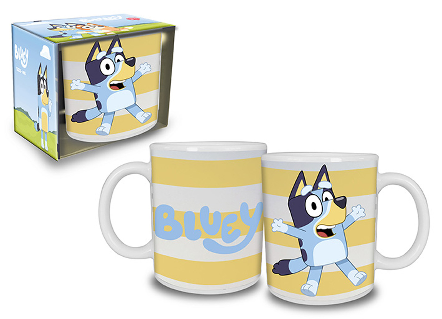 Eine blaue Hundetasse mit gelben Streifen und Bluey-Grafik.