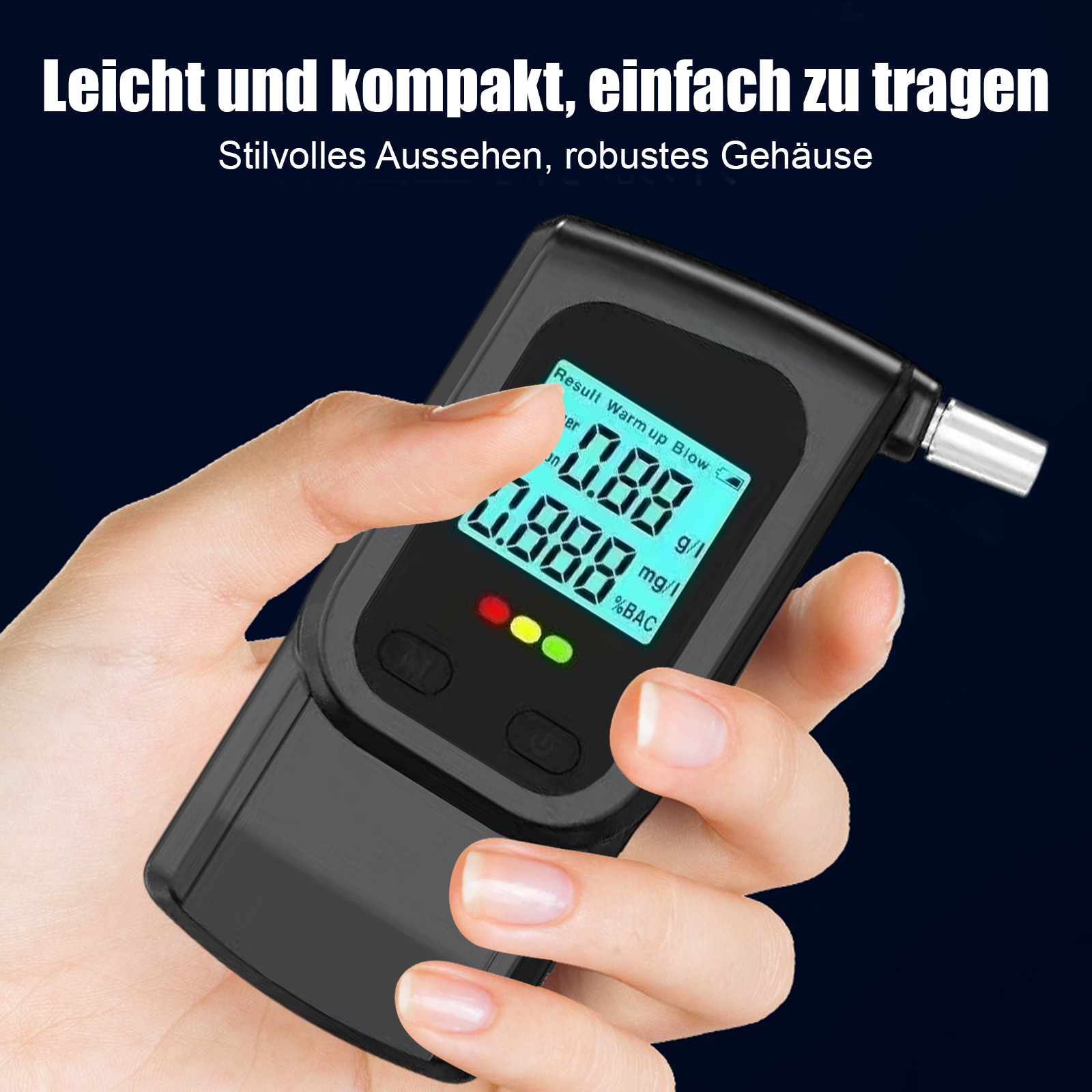 Hand hält digitalen Alkoholtester mit Ergebnisanzeige 0.88 g/l.