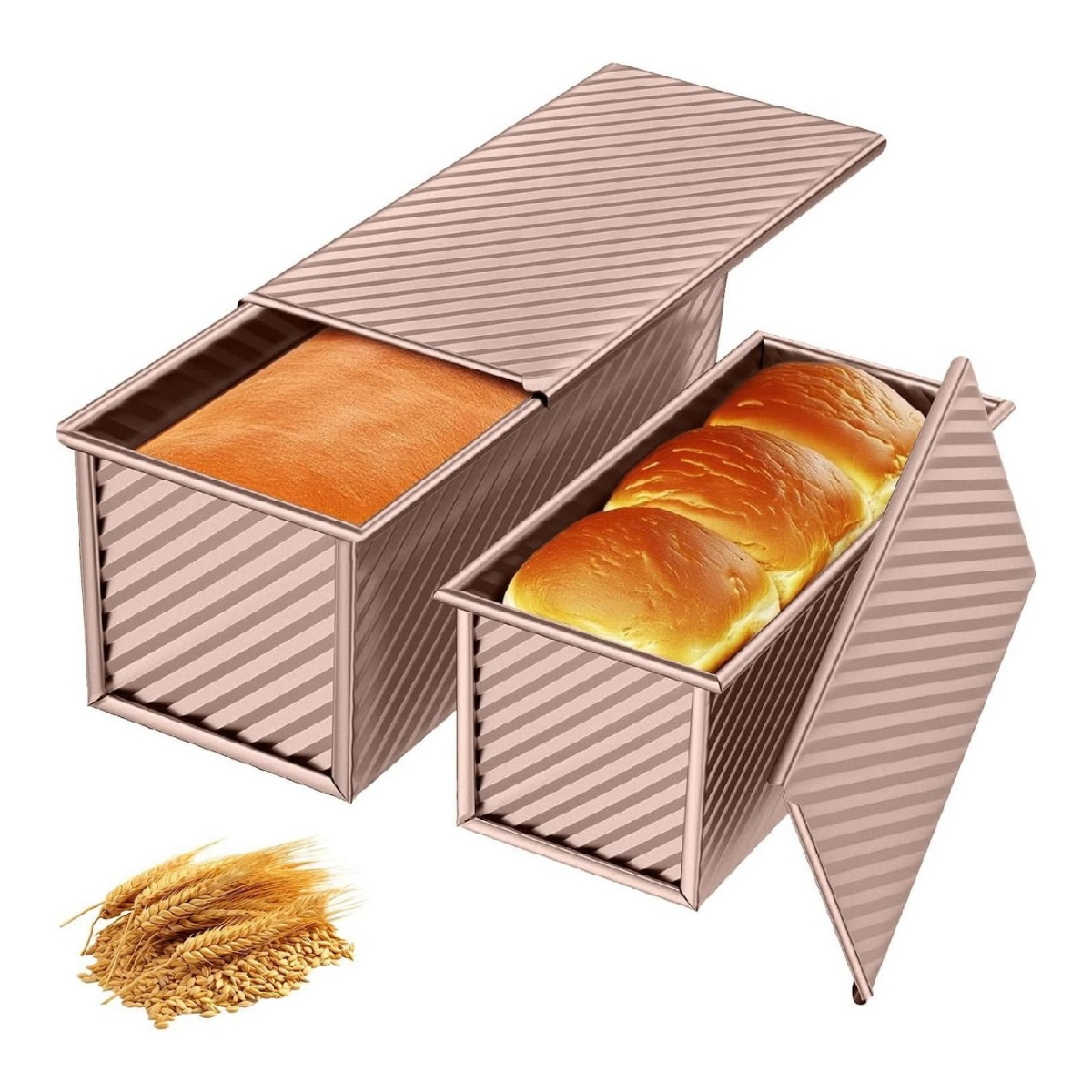 Zwei gebackene Brotformen mit Deckel, eine mit Brot, eine mit Brötchen.
