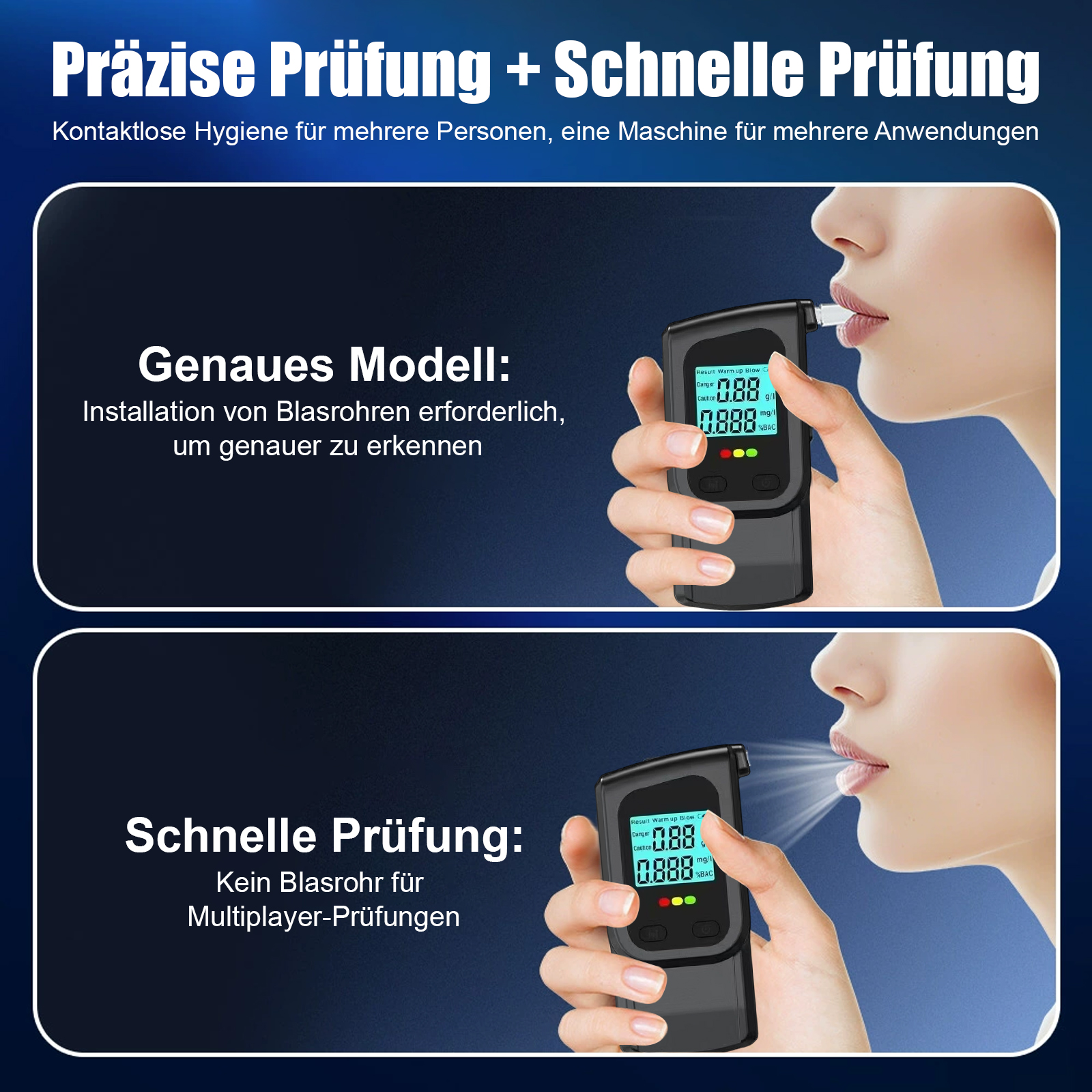 Person benutzt Alkoholtester mit Mundstück. Nahaufnahme der Hand, die das Gerät hält.
