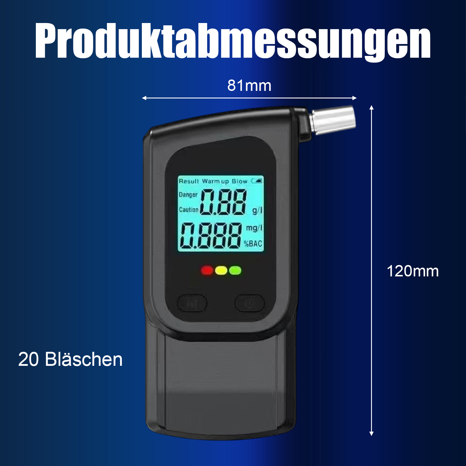 Digitaler Alkoholtester mit LCD-Anzeige, 81x120mm. Zeigt Ergebnisse in g/l, mg/l, %BAC.