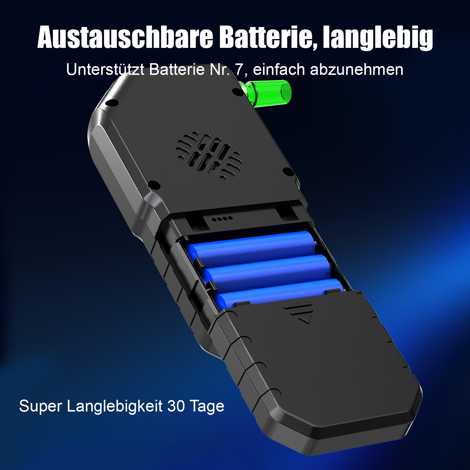 Schwarzes Gerät mit offenem Batteriefach, das blaue Batterien zeigt.