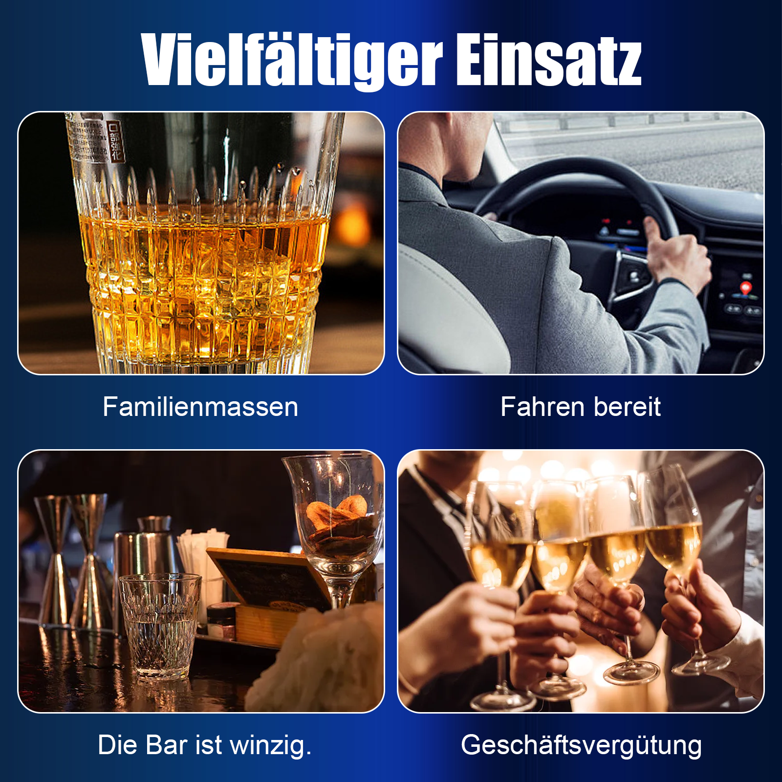 Vier Bilder: Whisky, Autofahren, Bar, Anstoßen mit Champagner.