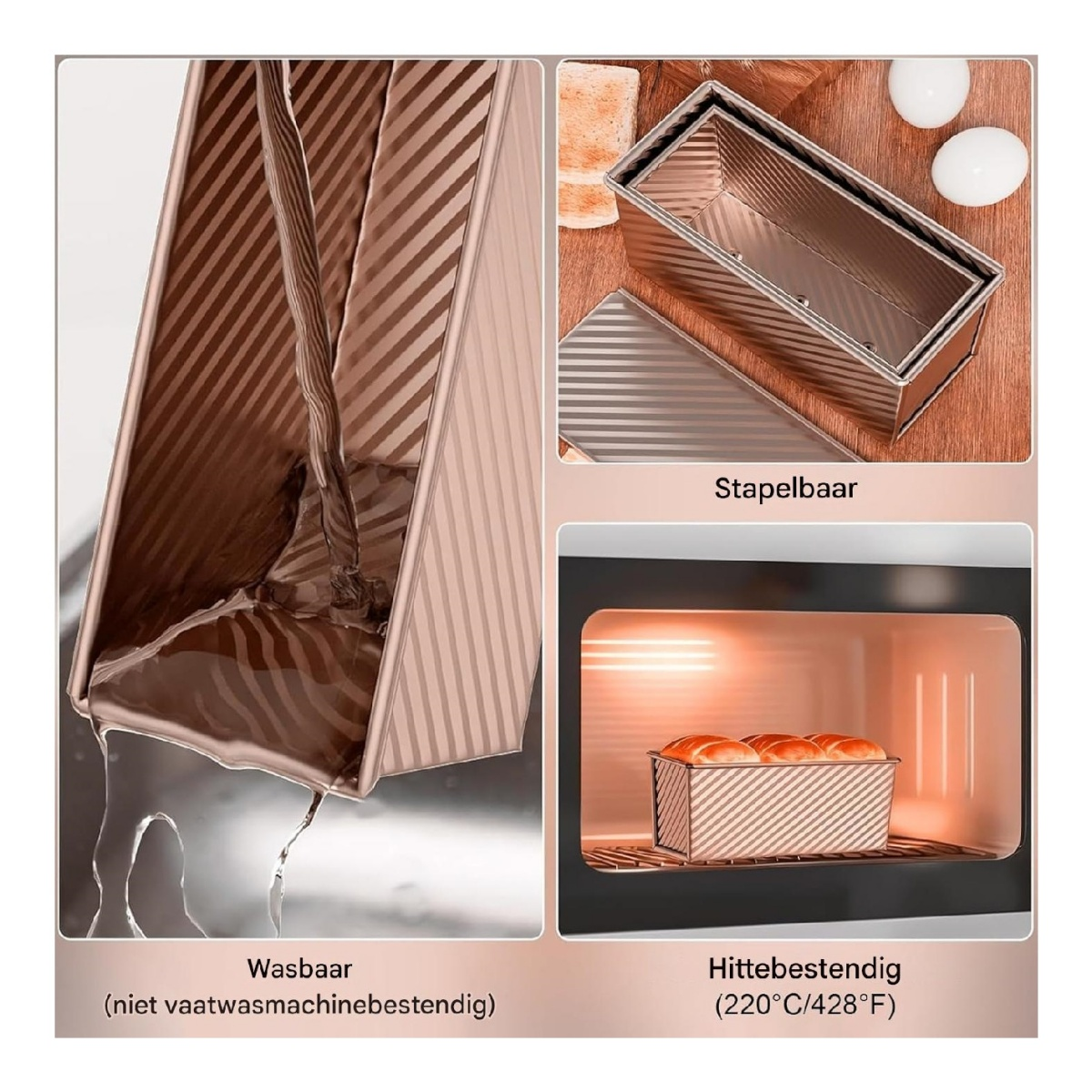 Backform mit Streifenmuster, stapelbar, spülmaschinenfest und hitzebeständig bis 220°C.