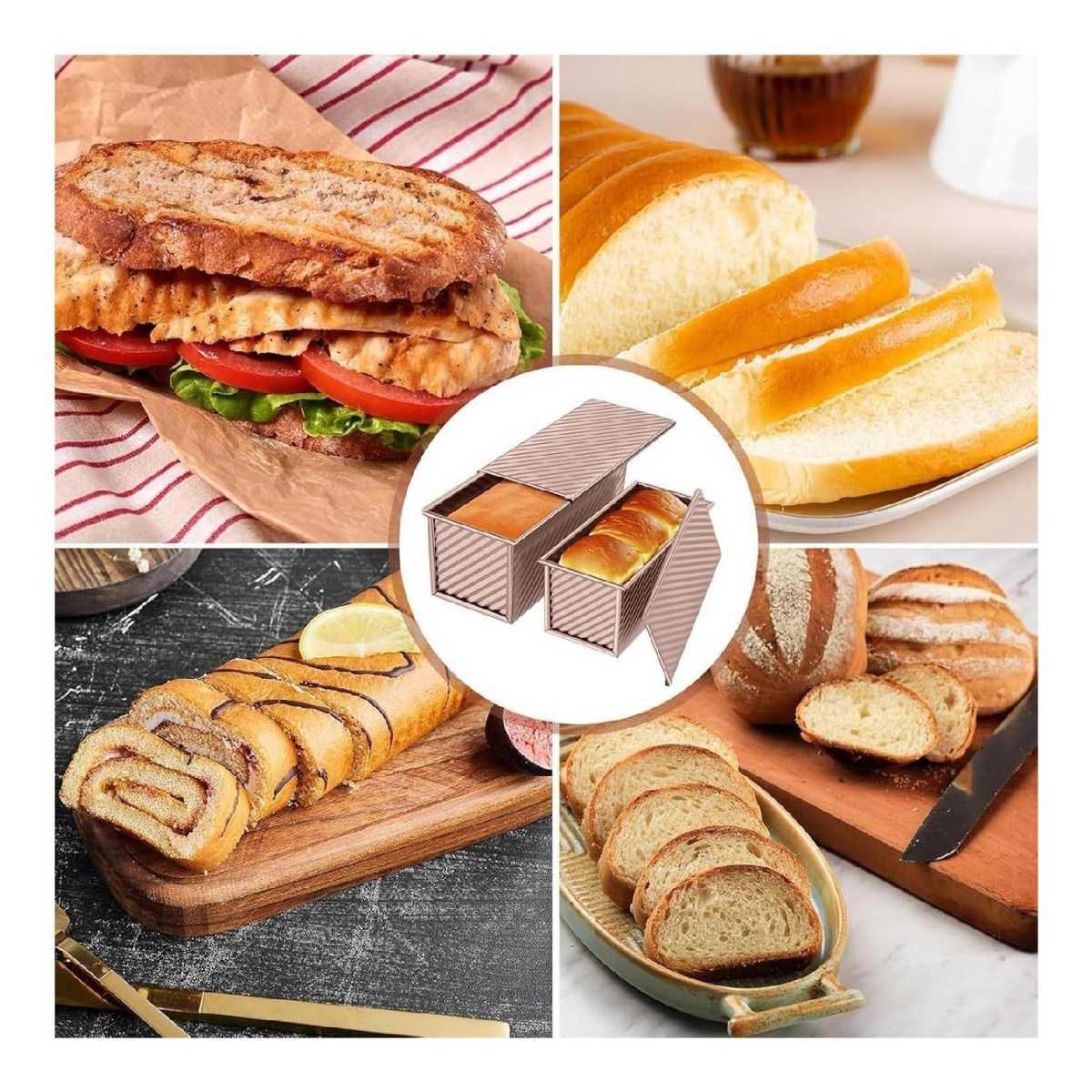 Collage mit Brot: Sandwich, Laib, Rolle, Toastbrot und Backformen.