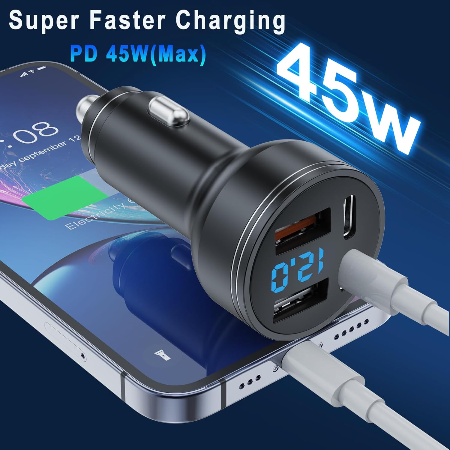 Schwarzes Ladegerät mit 2 USB-Anschlüssen lädt ein Smartphone auf.