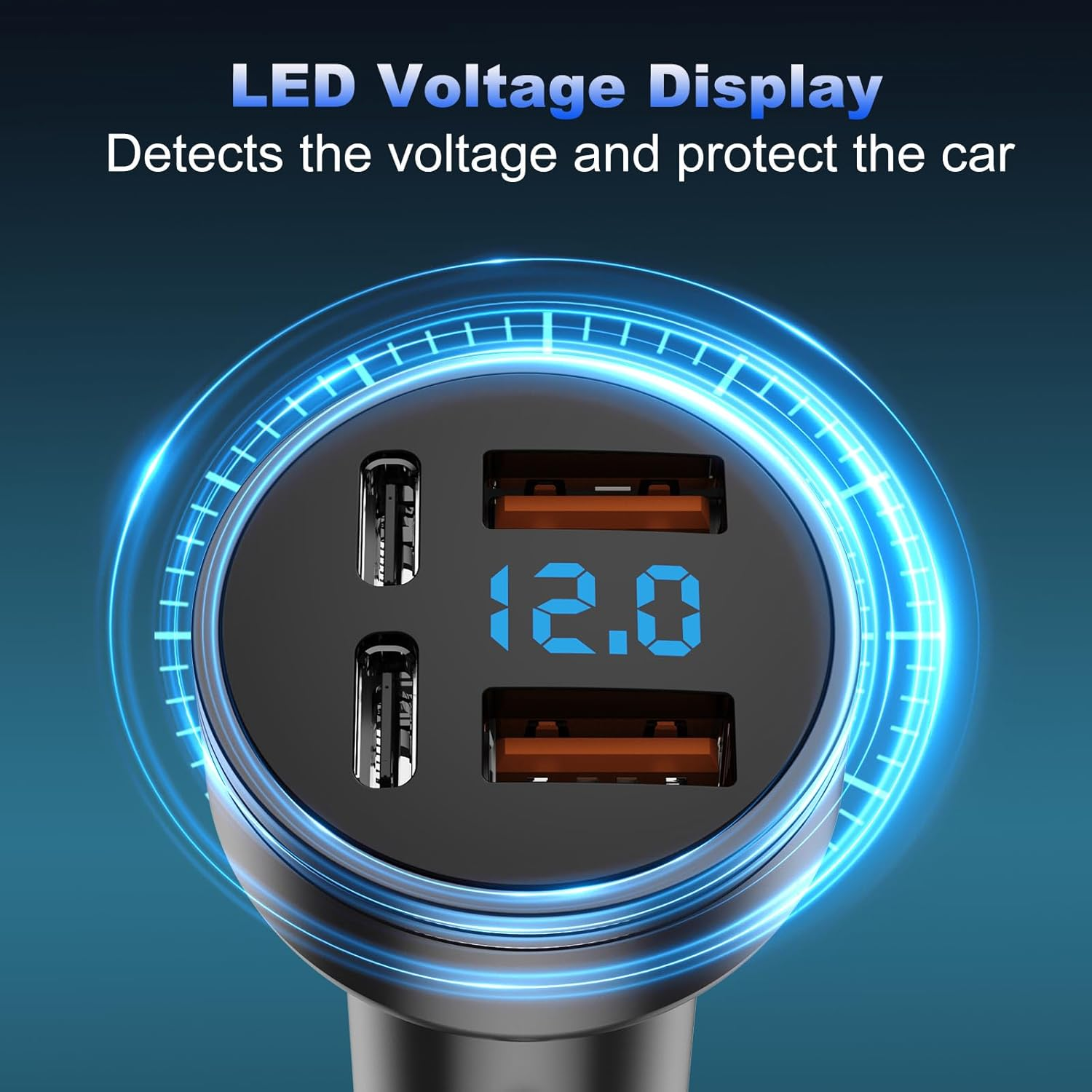 LED-Anzeige zeigt 12,0V an, mit zwei USB-Anschlüssen und blauer Umrandung.