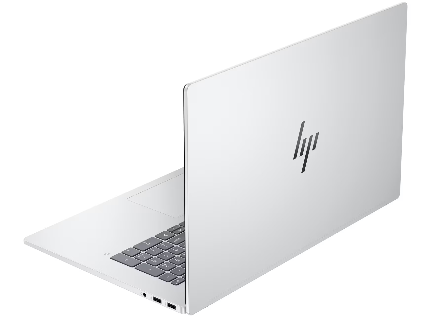 Ein silberner Laptop mit schwarzer Tastatur und dem HP-Logo.