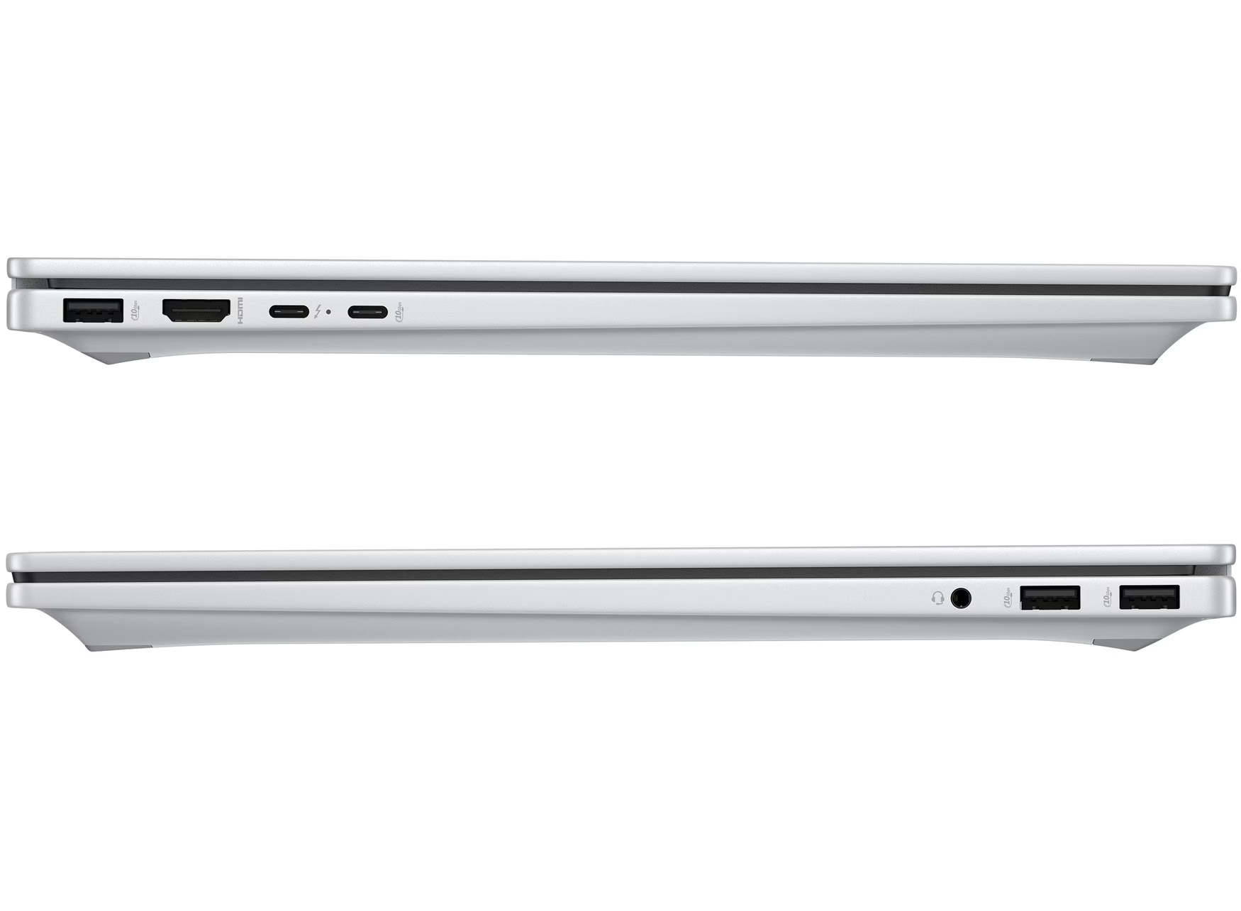 Silbernes Laptop mit Anschlüssen: HDMI, USB-C, USB-A und Kopfhöreranschluss.