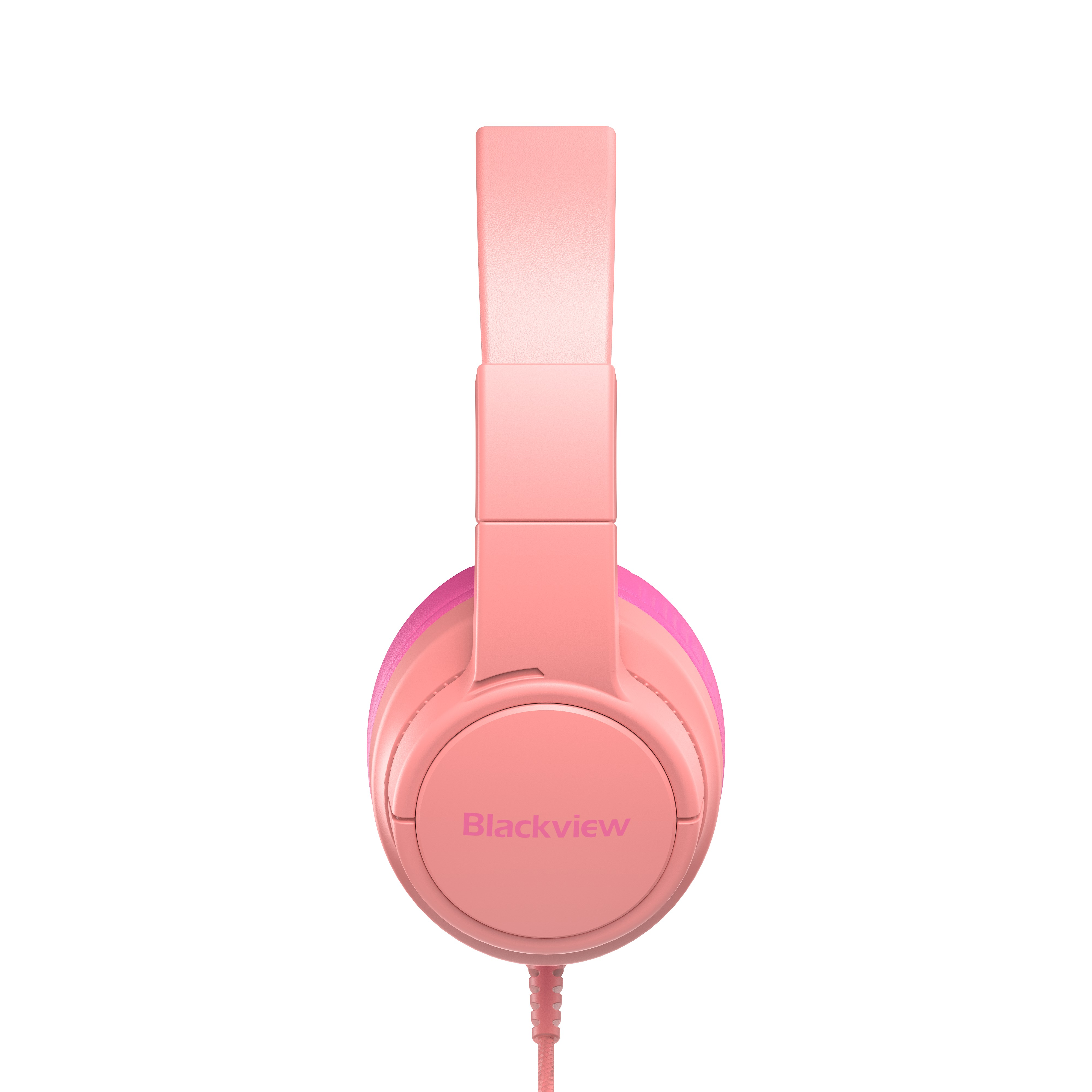 Cuffie rosa con logo Blackview e cavo intrecciato.