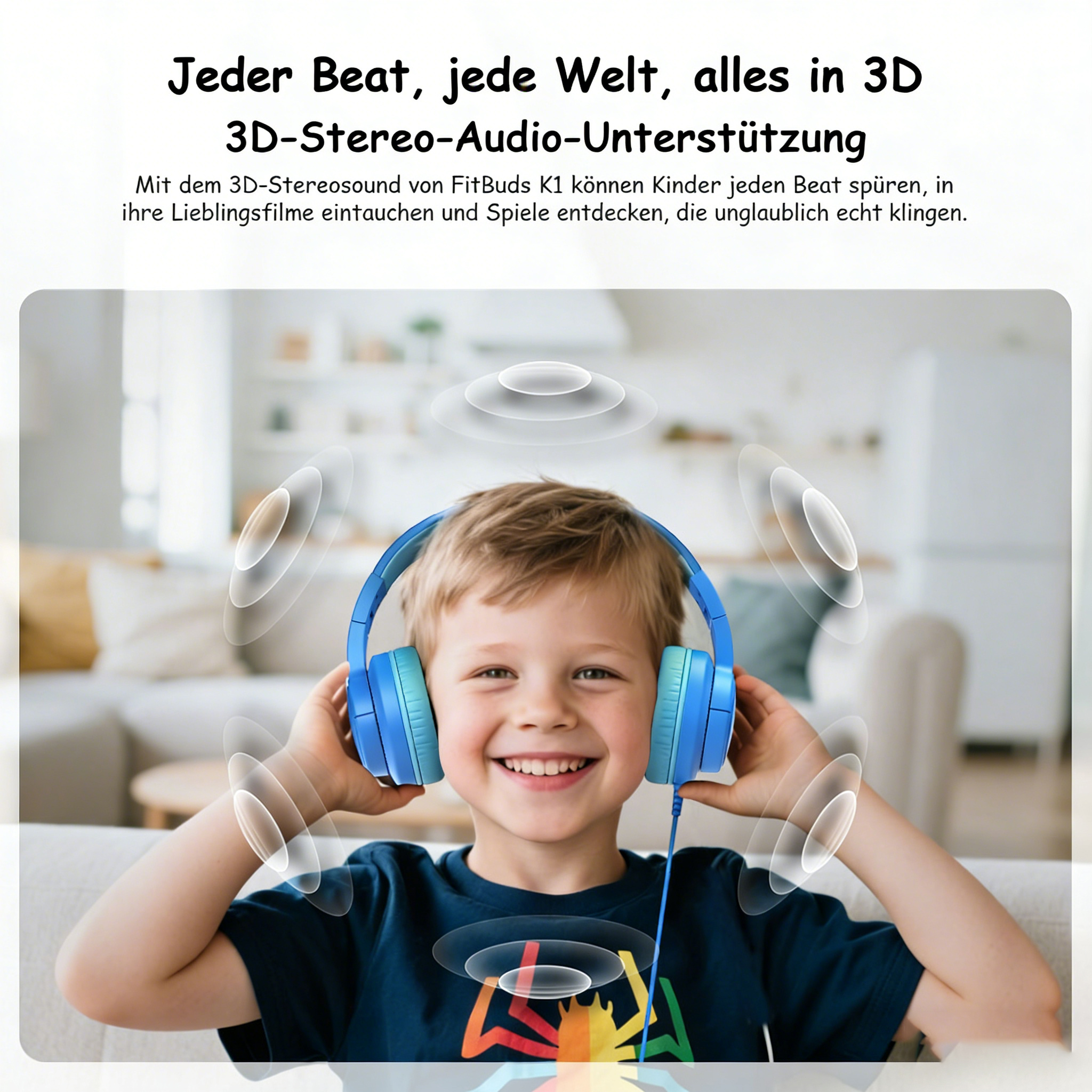 Ein Junge mit blauen Kopfhörern lächelt in die Kamera. Schallwellen sind sichtbar.