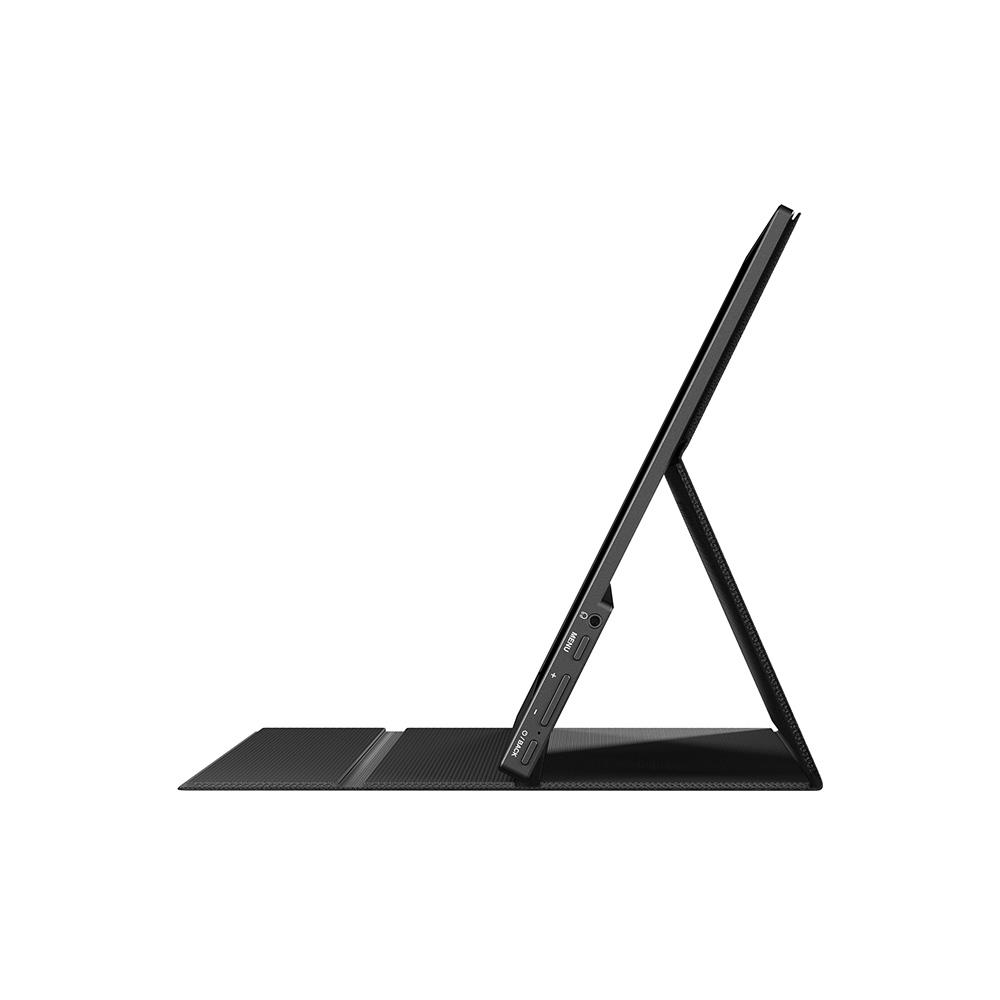 Ayaklı siyah bir tablet, dokulu siyah bir tabanın üzerinde duruyor.