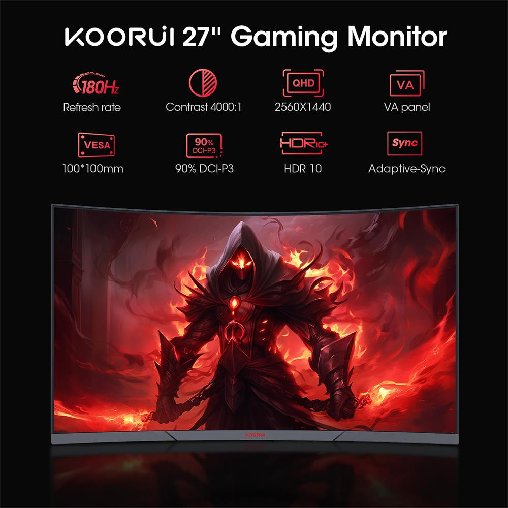 KOORUI 27" oyuncu monitörü, arkada karanlık bir savaşçı.