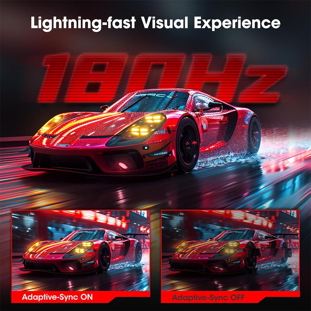 Kırmızı spor araba ıslak yolda hızla gidiyor, 180 Hz. Altta: Adaptive-Sync AÇIK/KAPALI karşılaştırması.