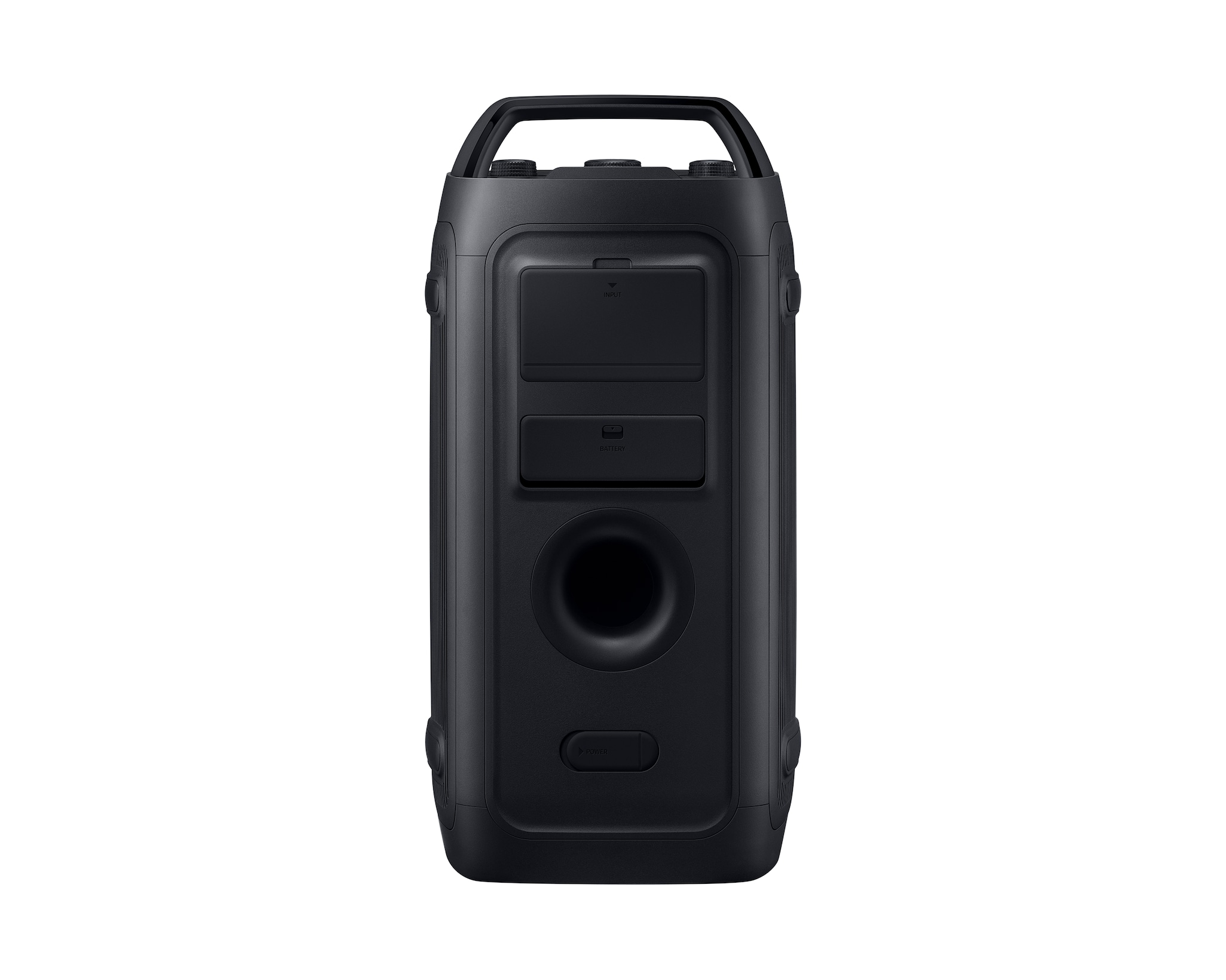 Schwarzer Bluetooth-Lautsprecher mit Griffen, Anschlüssen und Bassreflexöffnung.