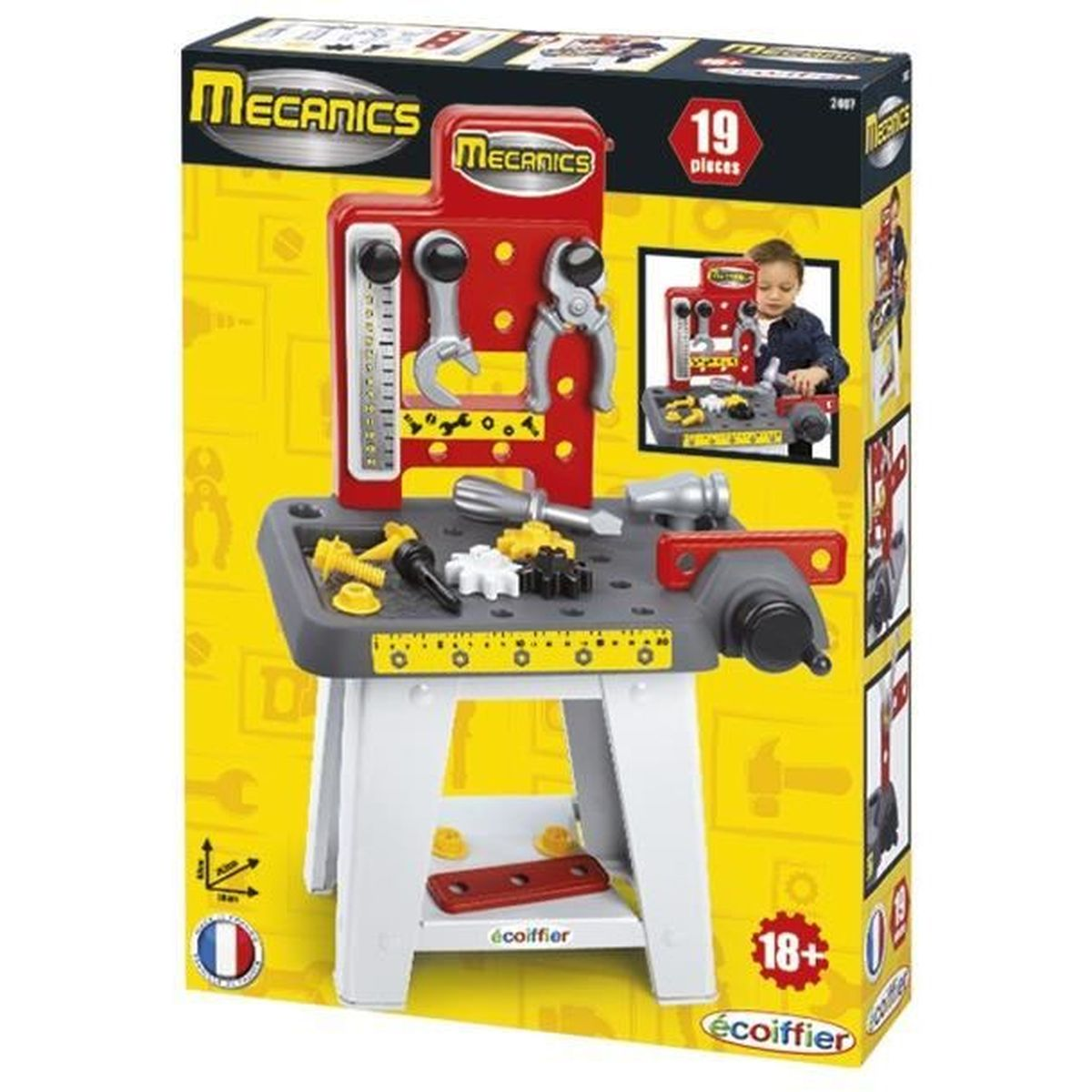 Werkzeugkasten-Spielzeug mit Werkzeugen, Schrauben und einem kleinen Jungen auf der Verpackung.