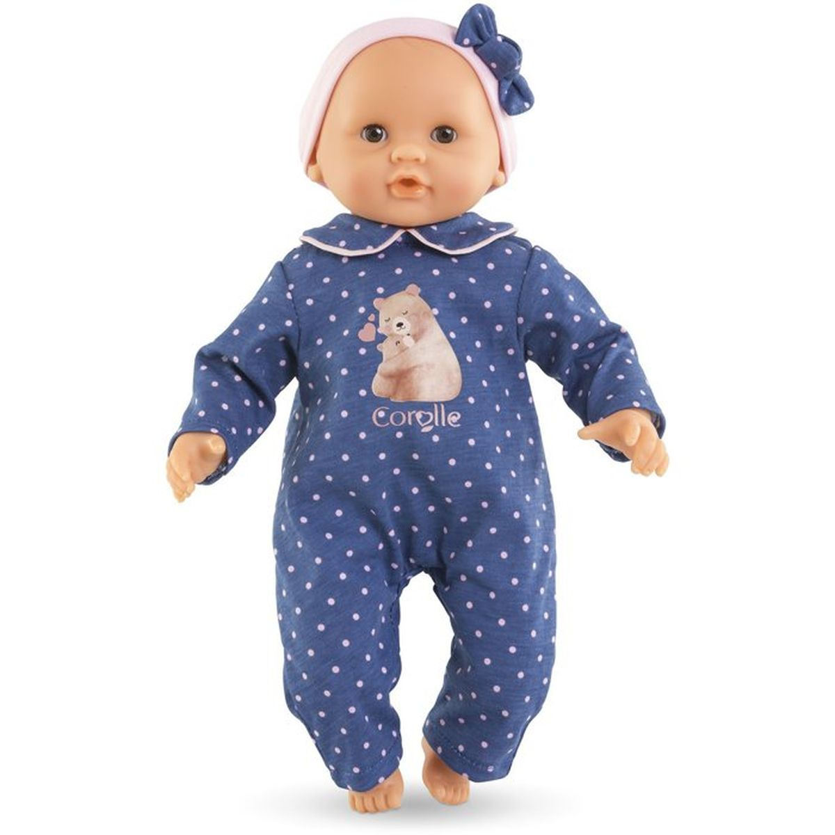 Ein Babykleidungsstück mit blauen Punkten und einem Bärenmotiv.