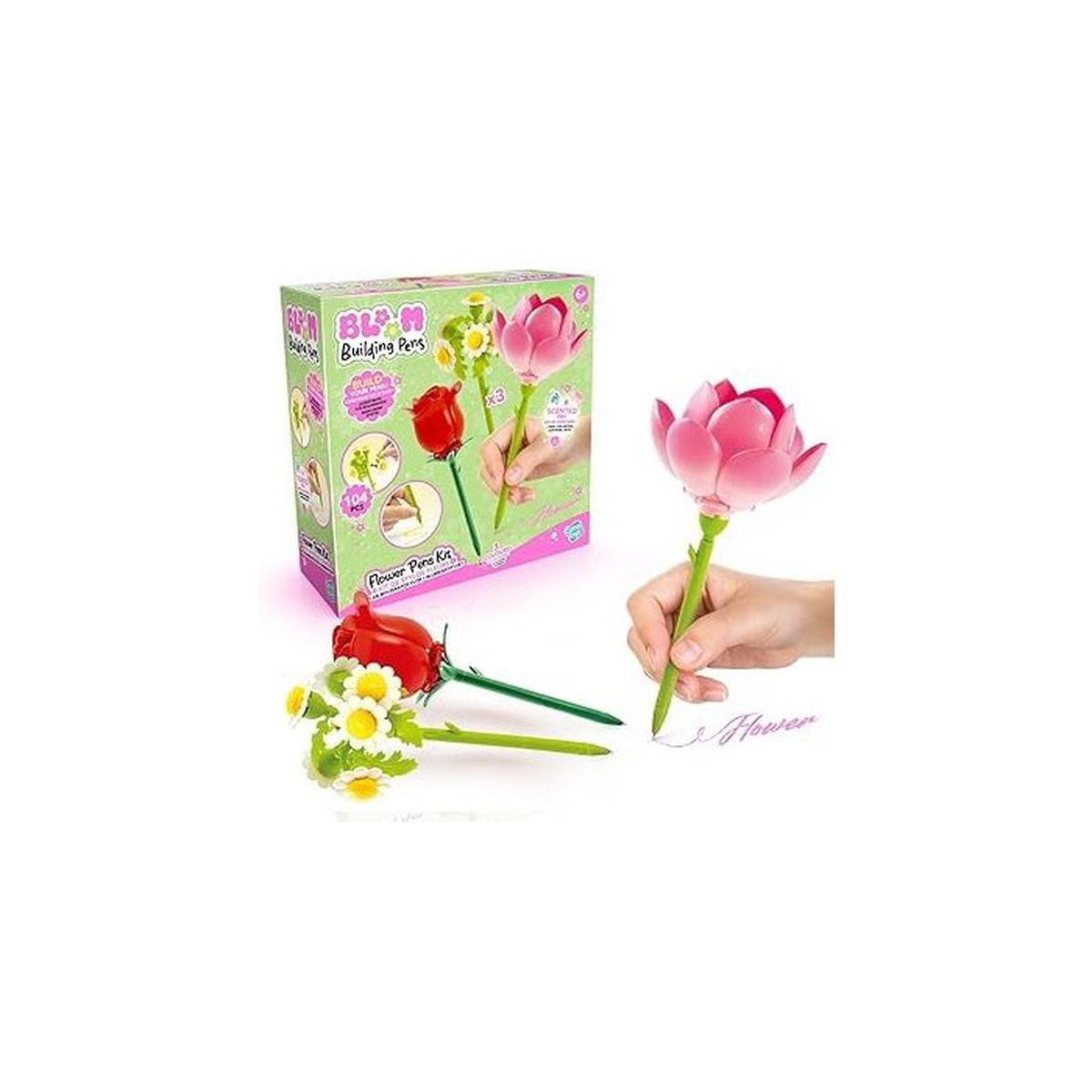 Ein pinker Blumenstift in der Hand, neben einem roten und einem gelben Stift.