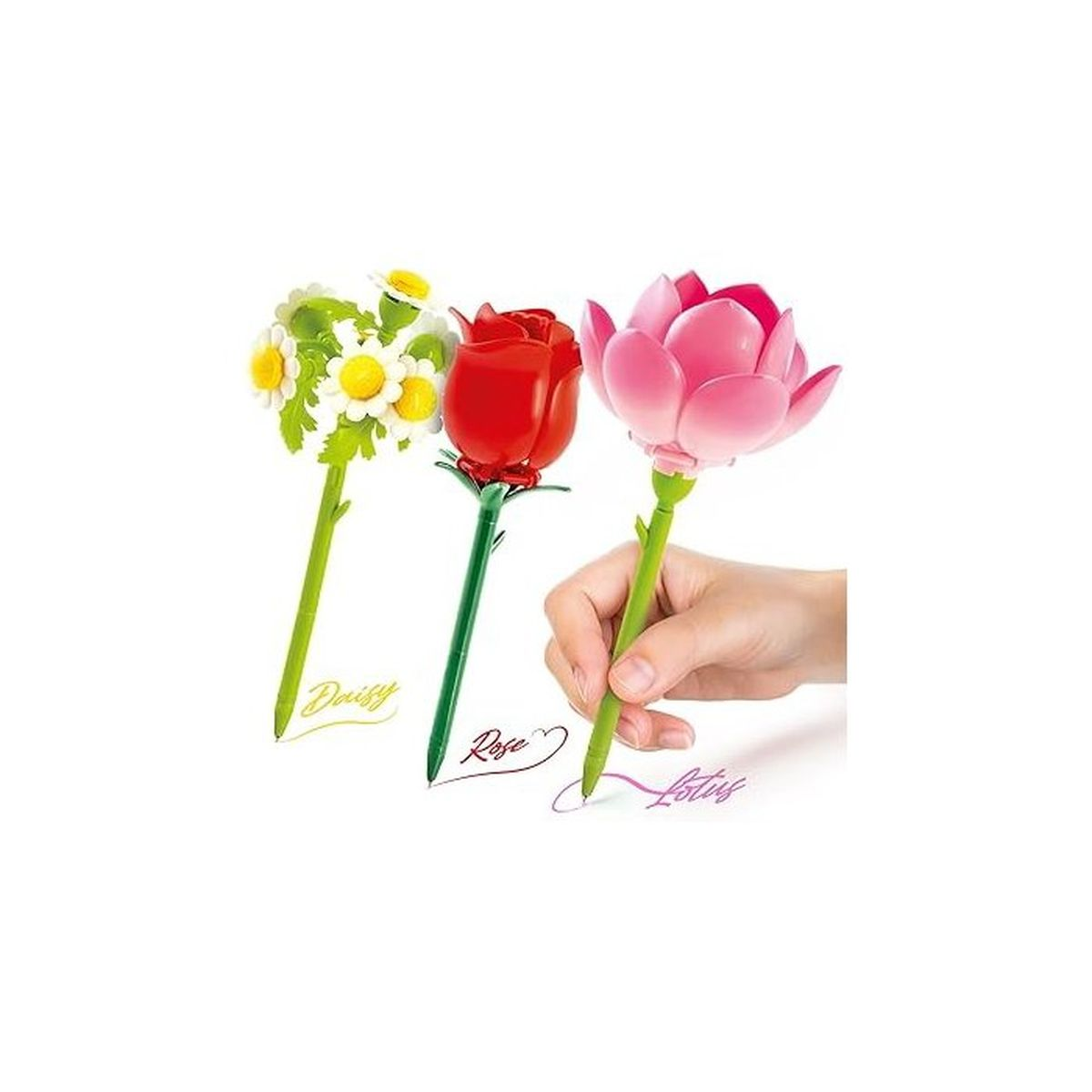 Stifte in Blumenform: Gänseblümchen, rote Rose, pinke Lotusblume.